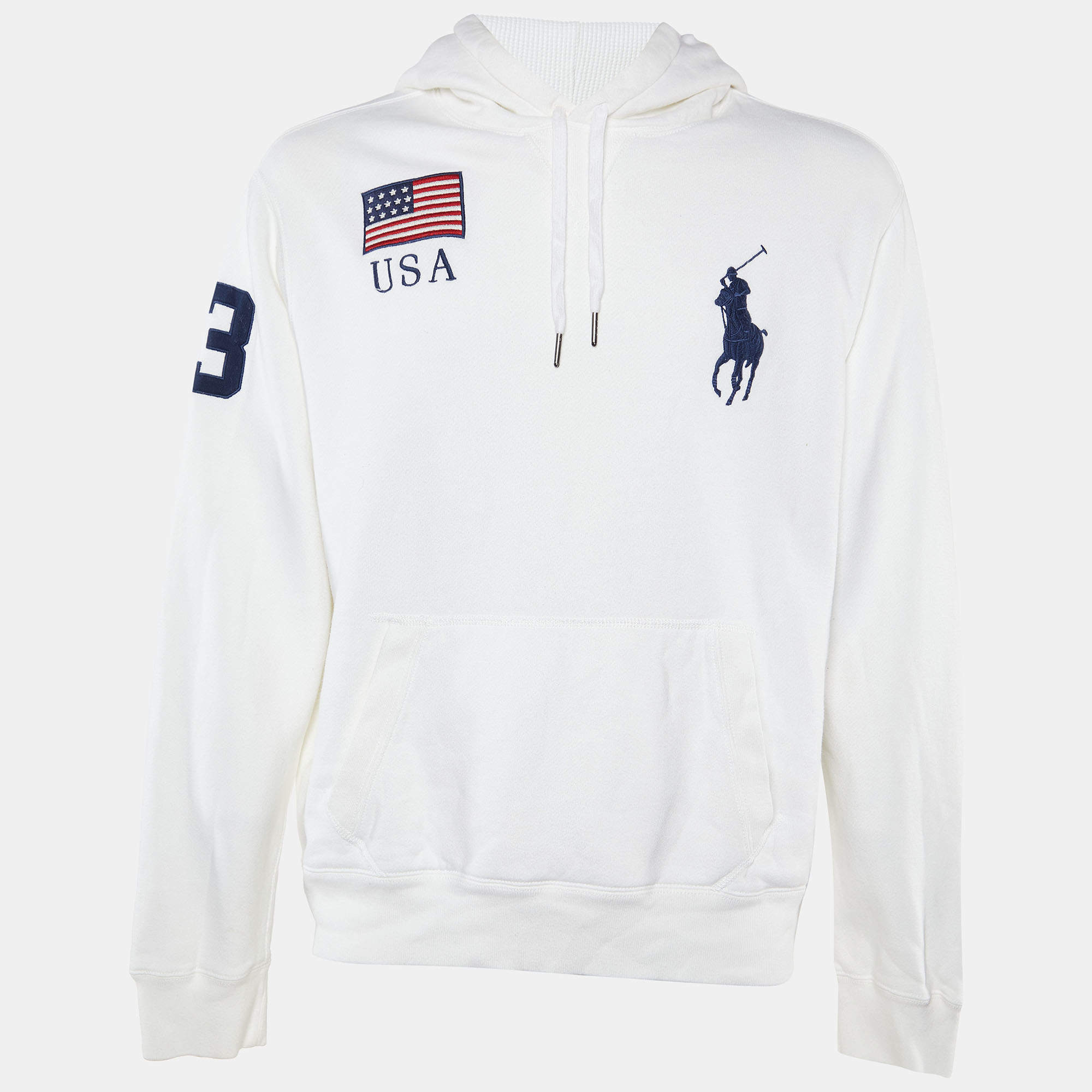 Pre Owned Polo Ralph Lauren Vintage White Embroidered Knit Hoodie XL