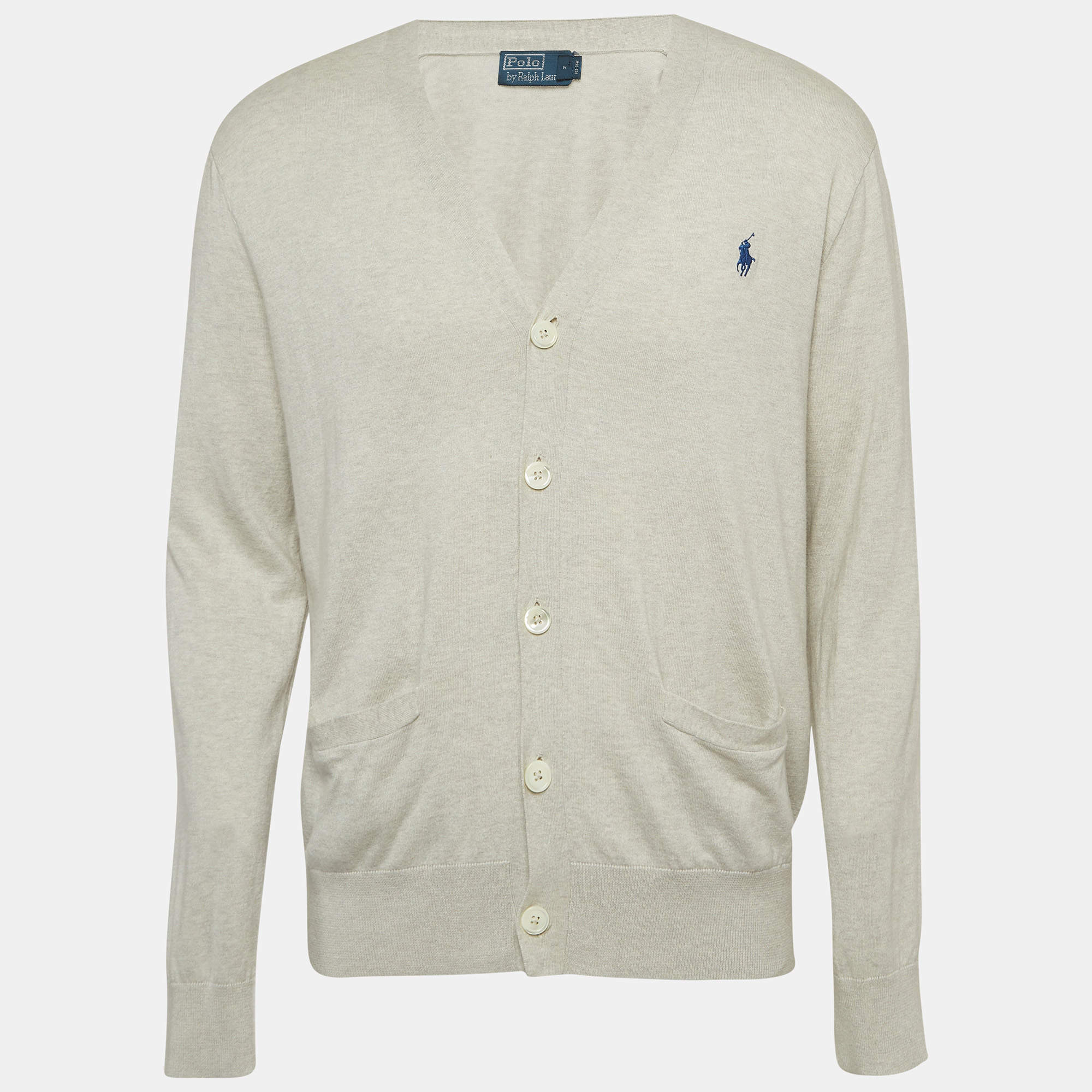 Pre Owned Polo Ralph Lauren Grey Logo Embroidered Rib Knit Buttoned Cardigan M