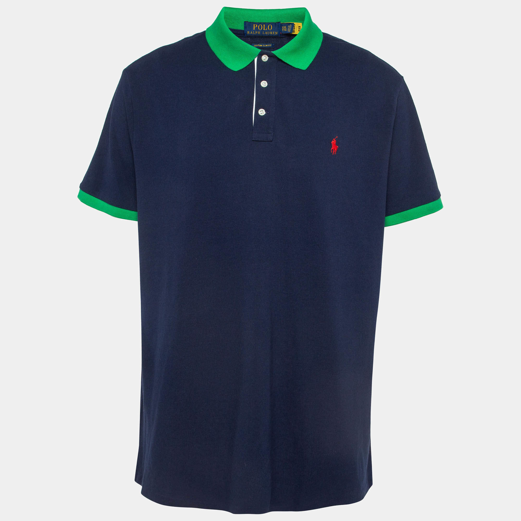 Pre Owned Polo Ralph Lauren Navy Blue Contrast Trim Cotton Pique Polo T-Shirt XXL