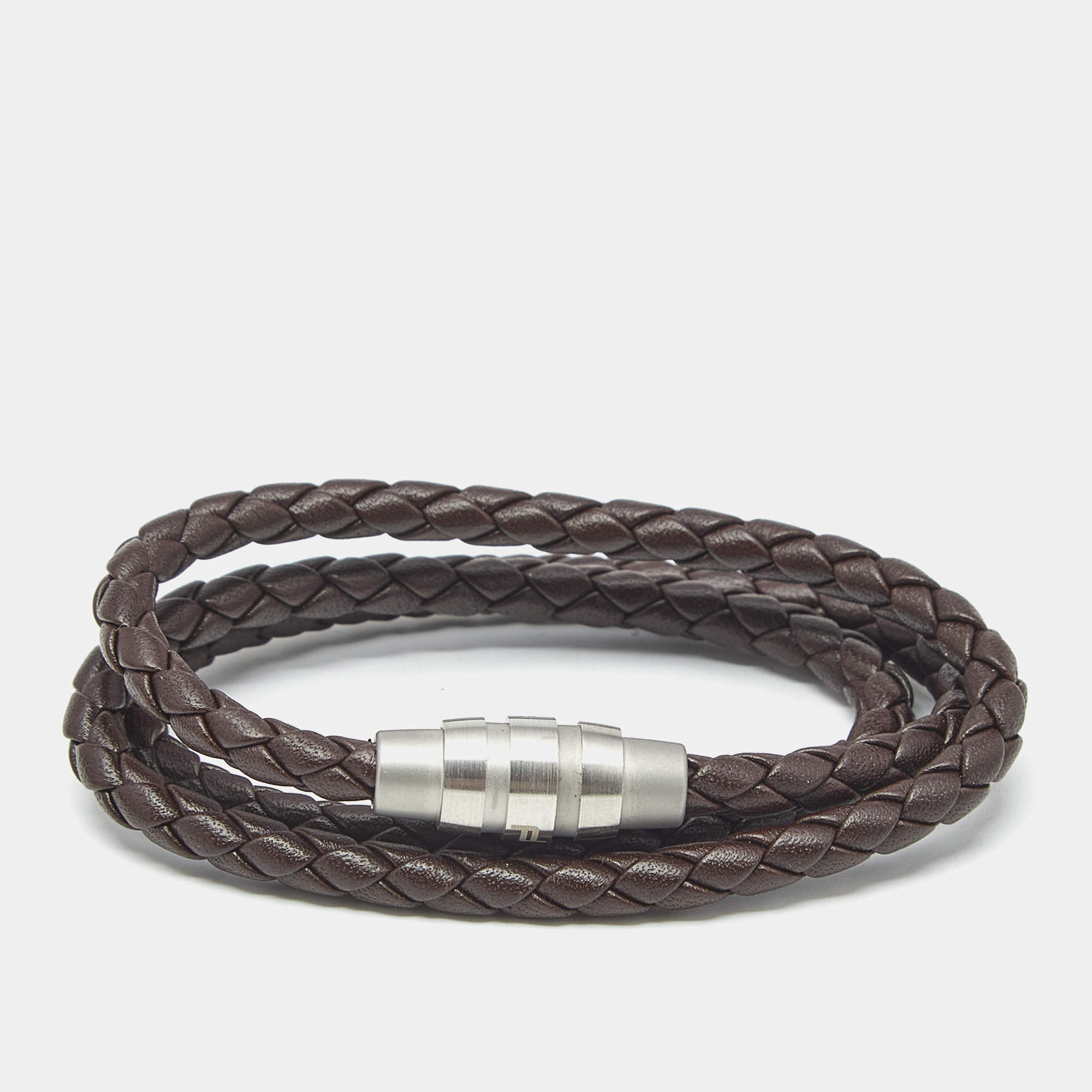 Pre Owned Porsche Design Grooves Brown Leather Stainless Steel Triple Wrap Bracelet