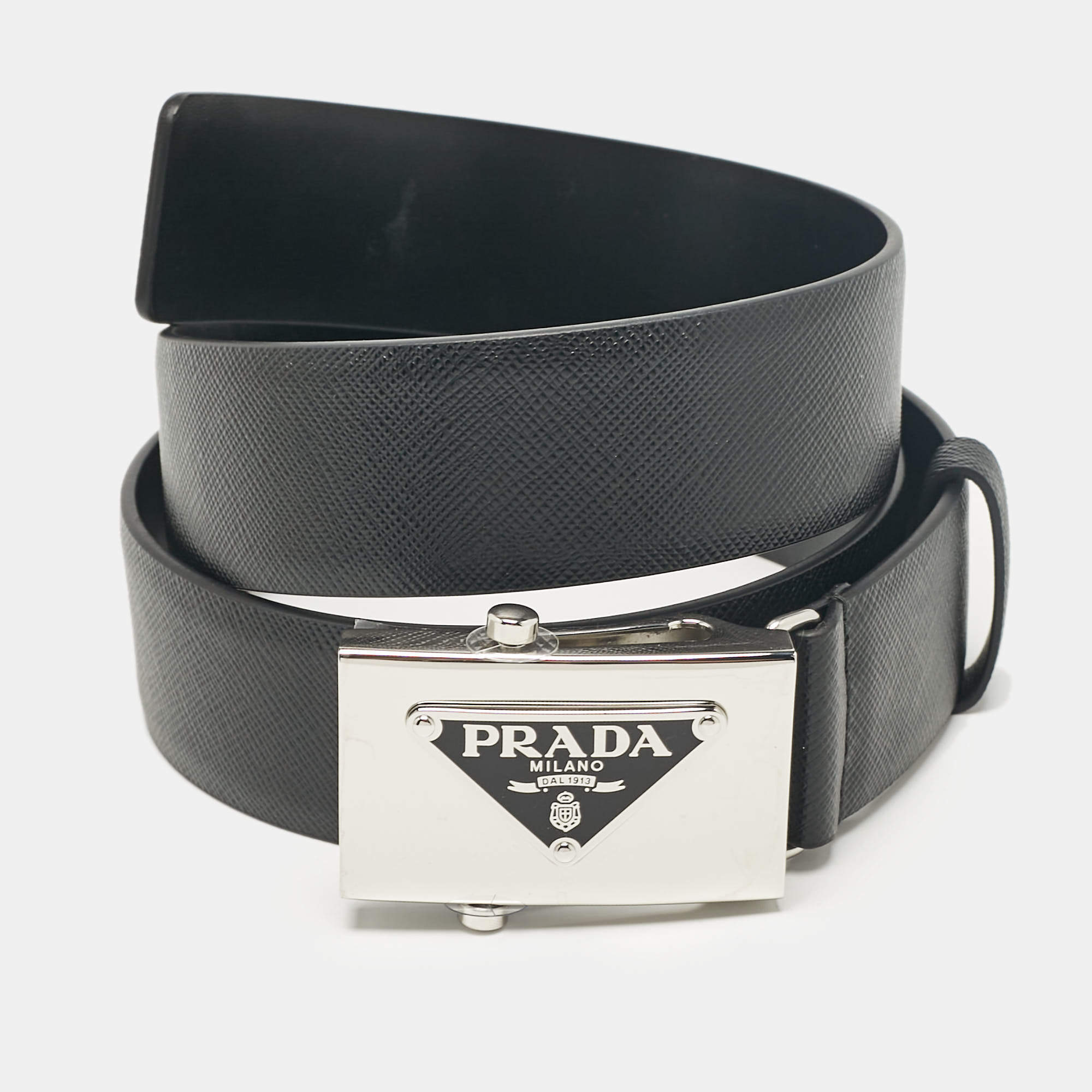 Prada Black Saffiano Leather Triangle Logo Buckle Belt 85 CM