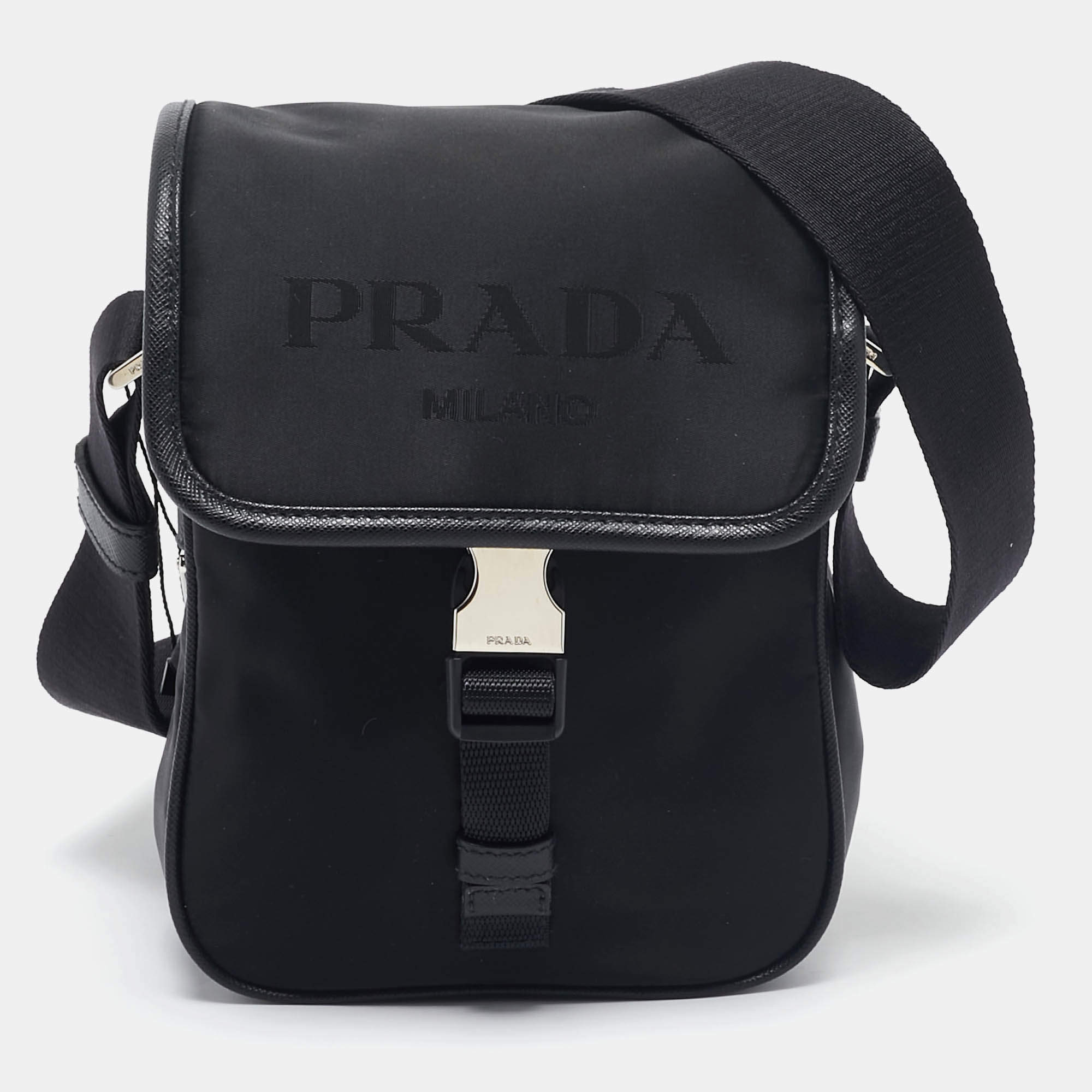 Prada Black Leather and Re-Nylon Flap Messenger Bag