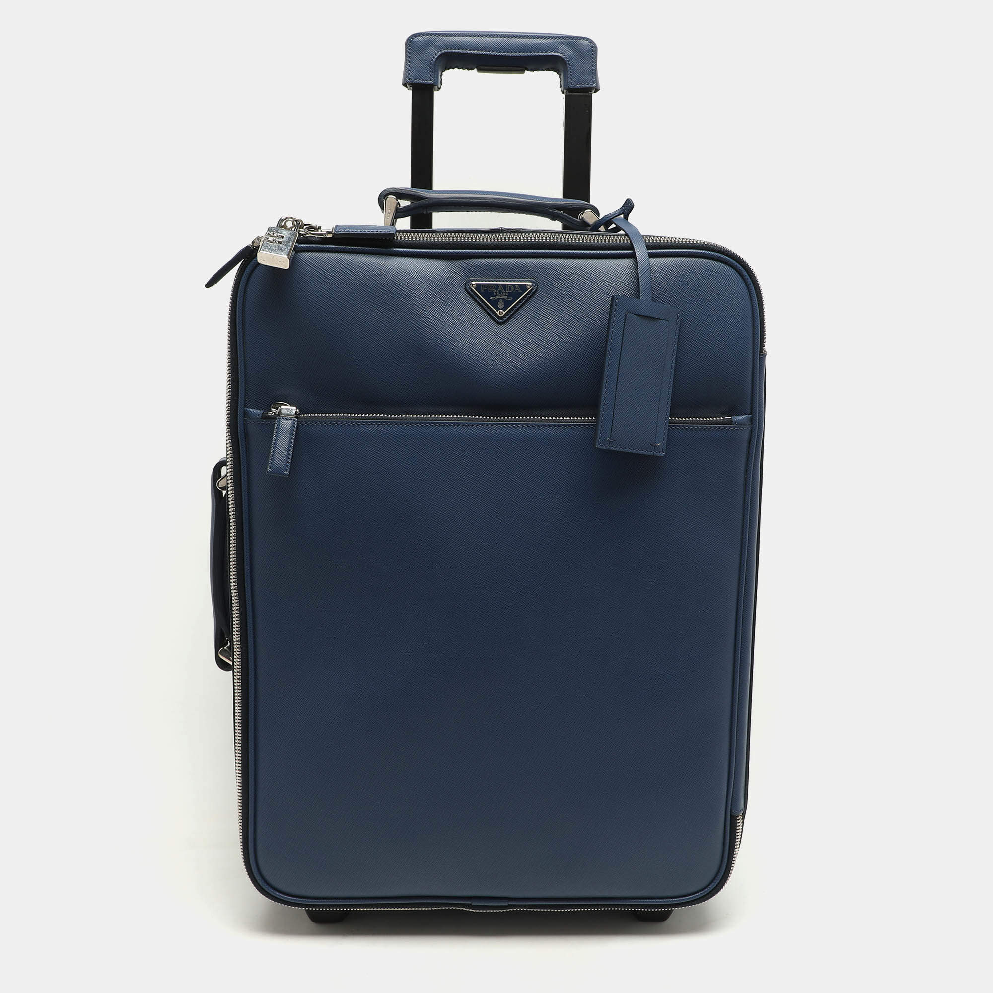 Pre Owned Prada Blue Saffiano Leather Travel Rolling Trolley Luggage