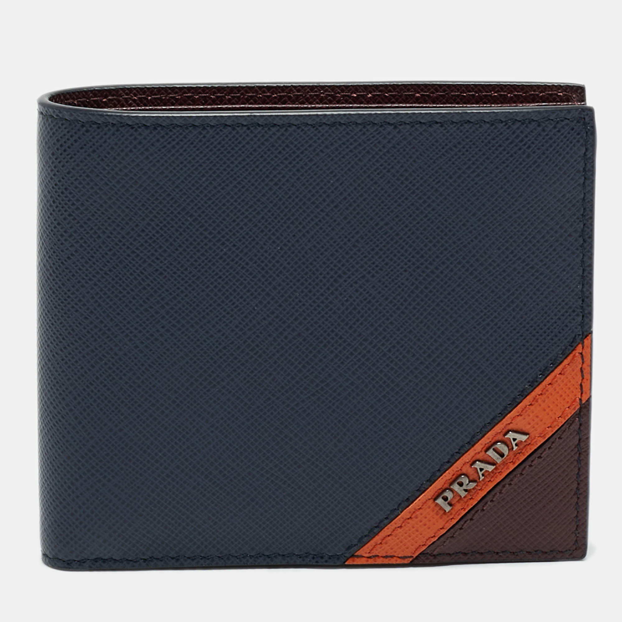 Prada Navy Blue Leather Logo Bifold Wallet