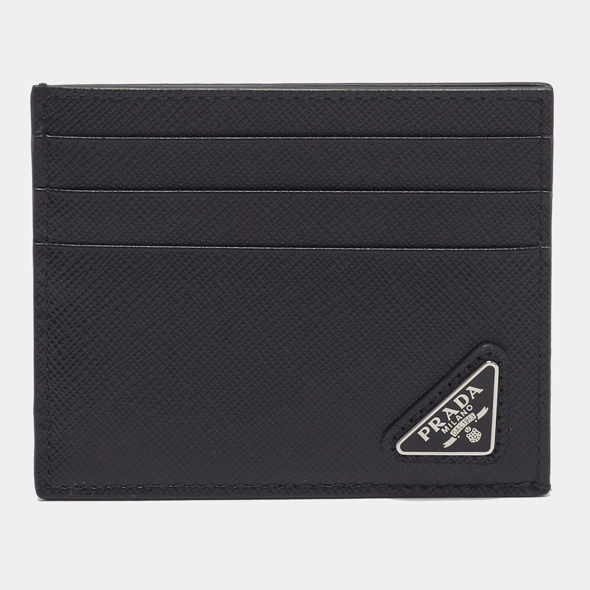 Pre Owned Prada Triangle Logo Black Saffiano Metal Leather Card Case