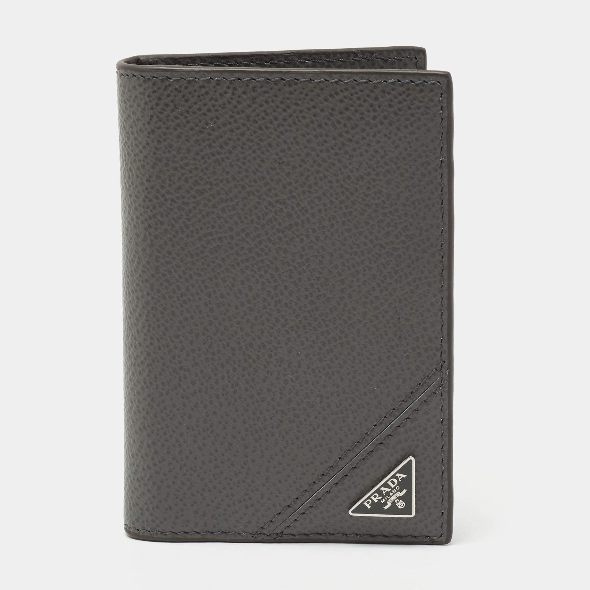 Pre Owned Prada Grey Leather Logo Bifold Card Case