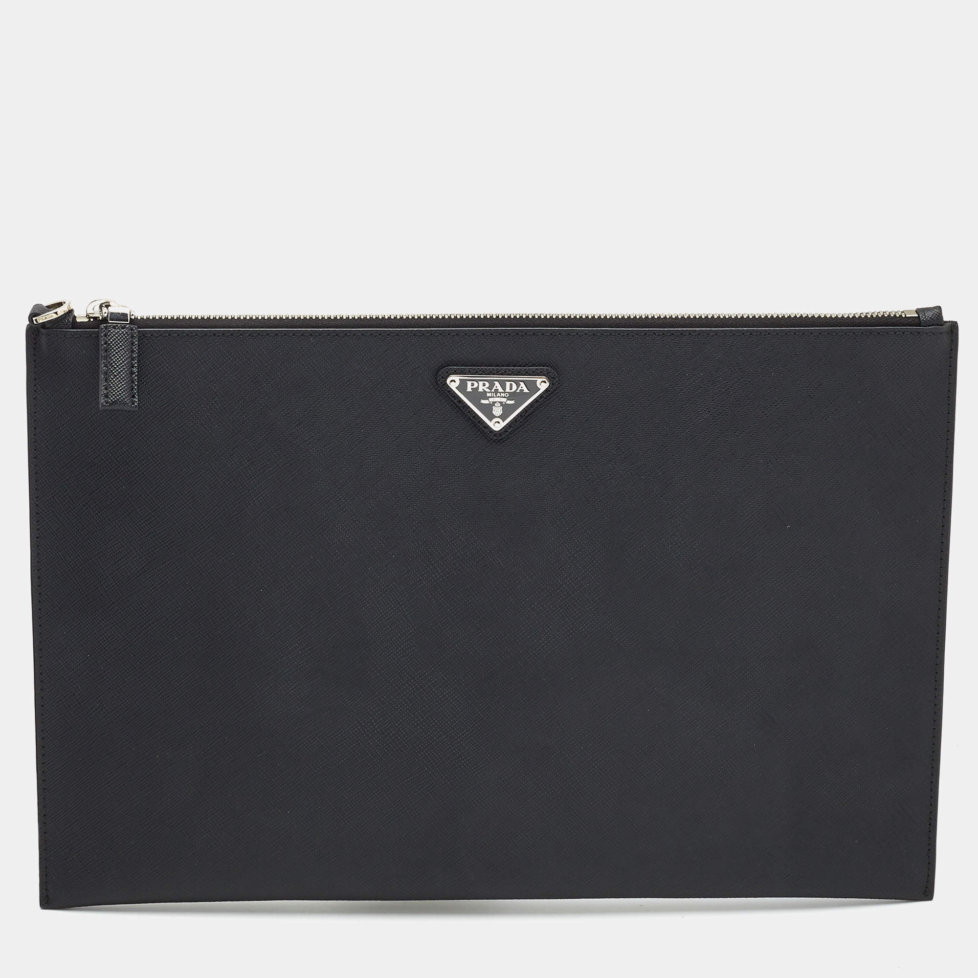 Pre Owned Prada Black Saffiano Lux Leather Zip Slim Pouch