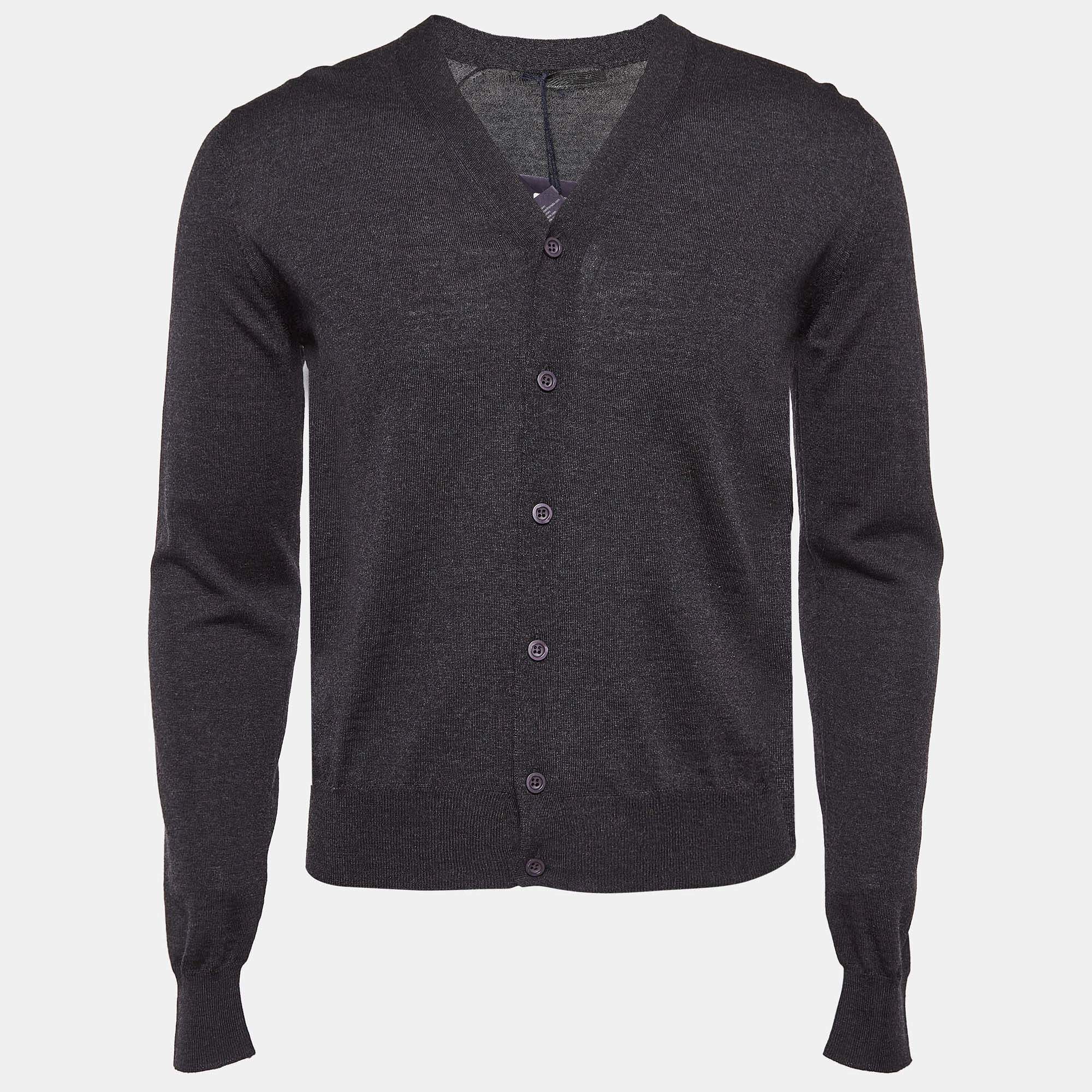 Prada Grey Wool Rib Knit Cardigan XS