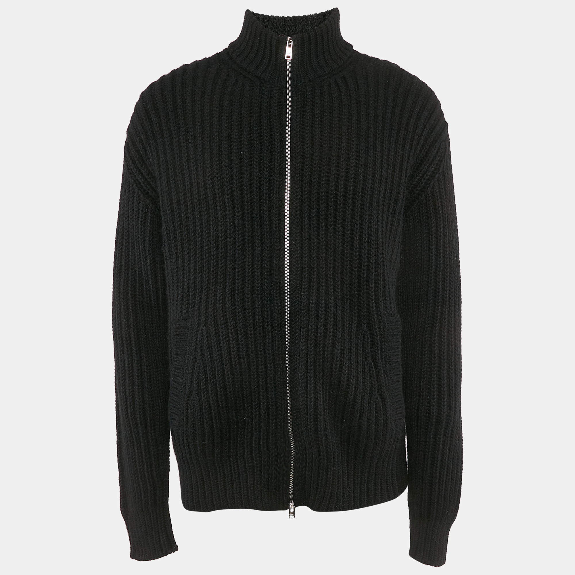 Prada Black Rib Knit Zip-Up Cardigan L