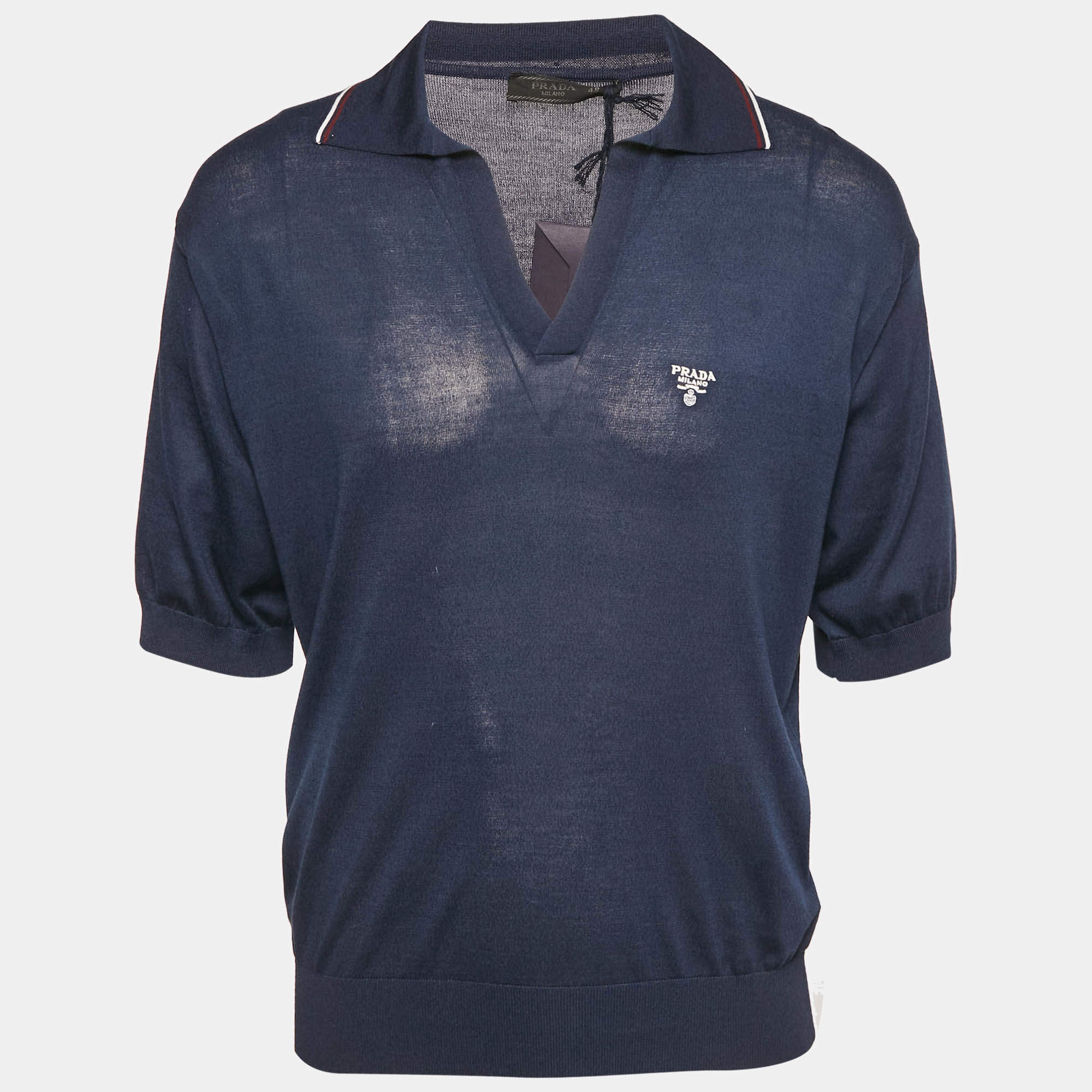 Prada Navy Blue Silk and Cotton Polo T-Shirt M