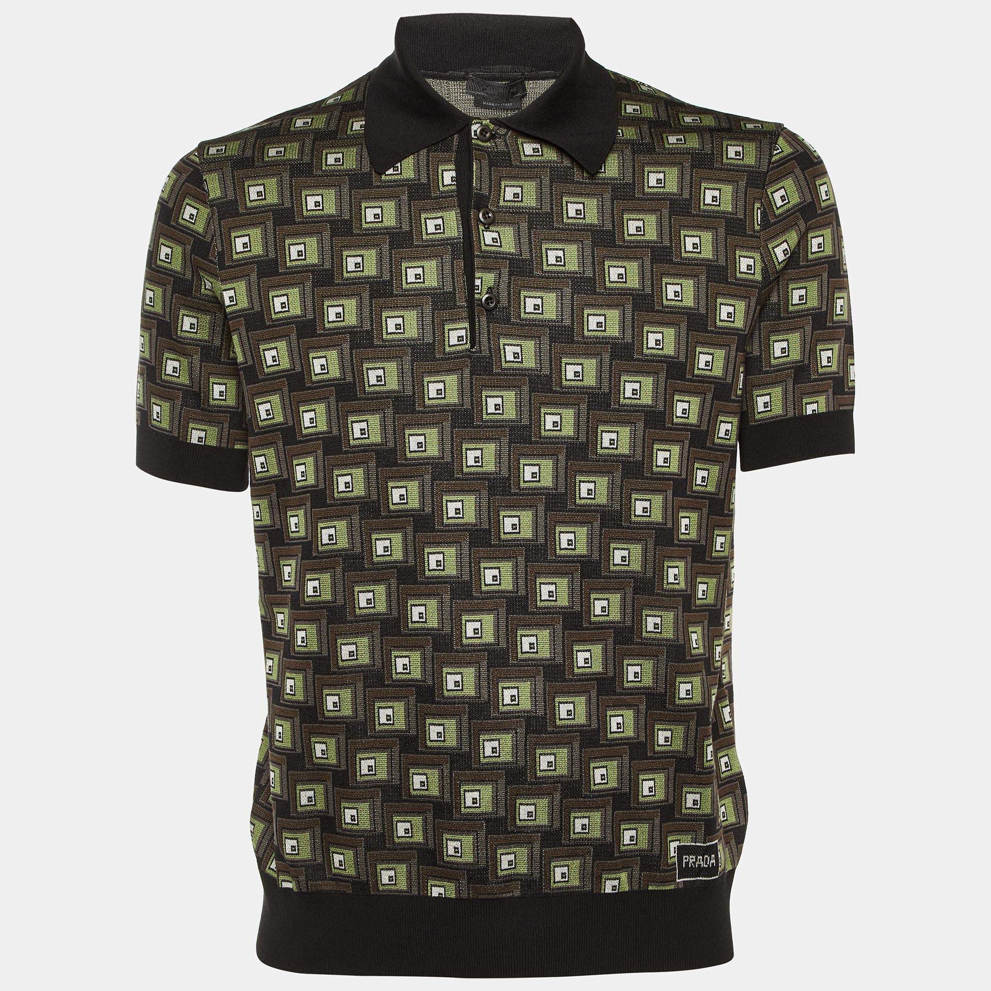 Pre Owned Prada Black/Brown Geometric Pattern Silk & Cotton Polo T-Shirt M
