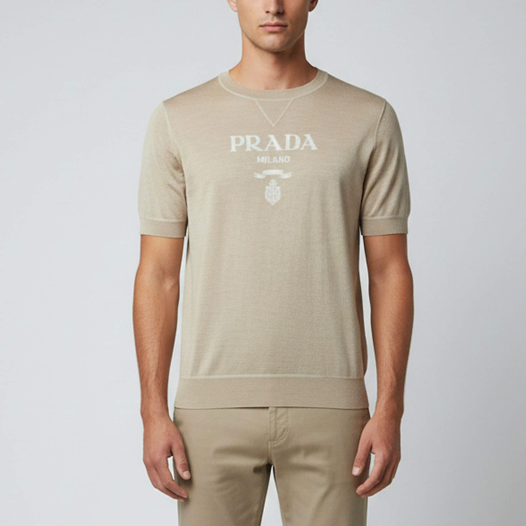 Pre Owned Prada Beige Logo Wool & Cashmere Knit Crew Neck Sweater L