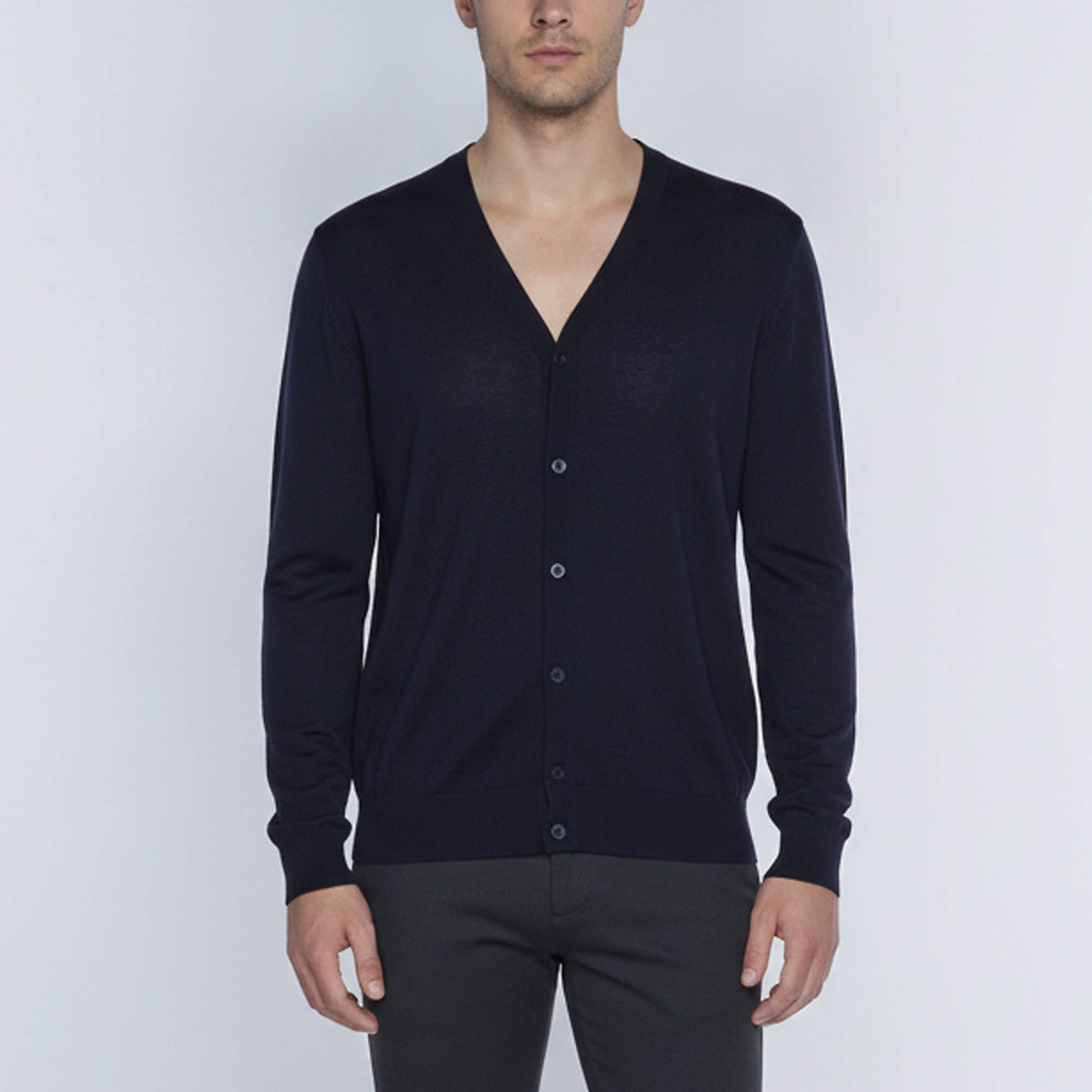 مملوكة مسبقًا Prada Navy Blue Wool Knit V-Neck Button-Down Cardigan L