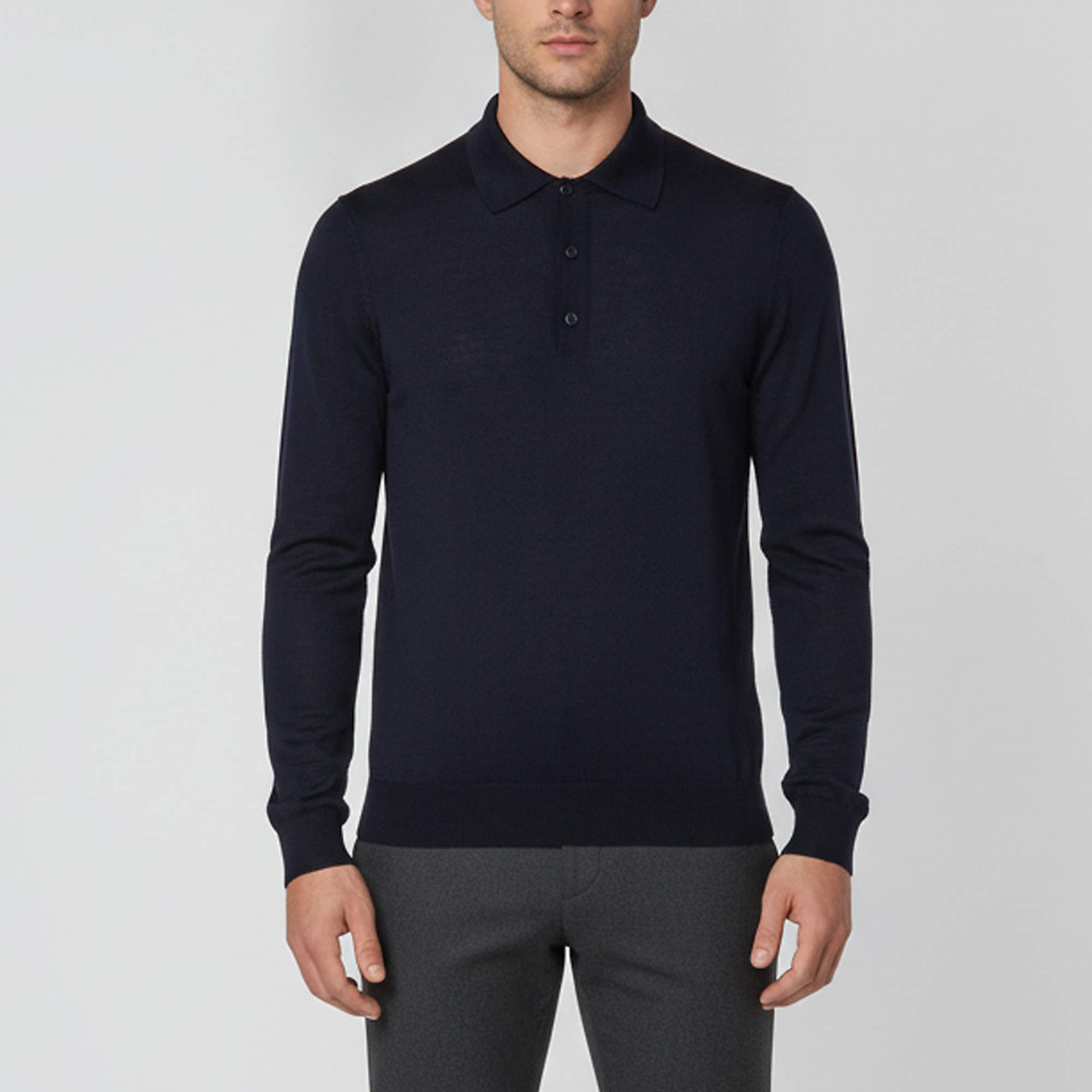 مملوكة مسبقًا Prada Navy Blue Wool Knit Polo Long-Sleeved Pullover L