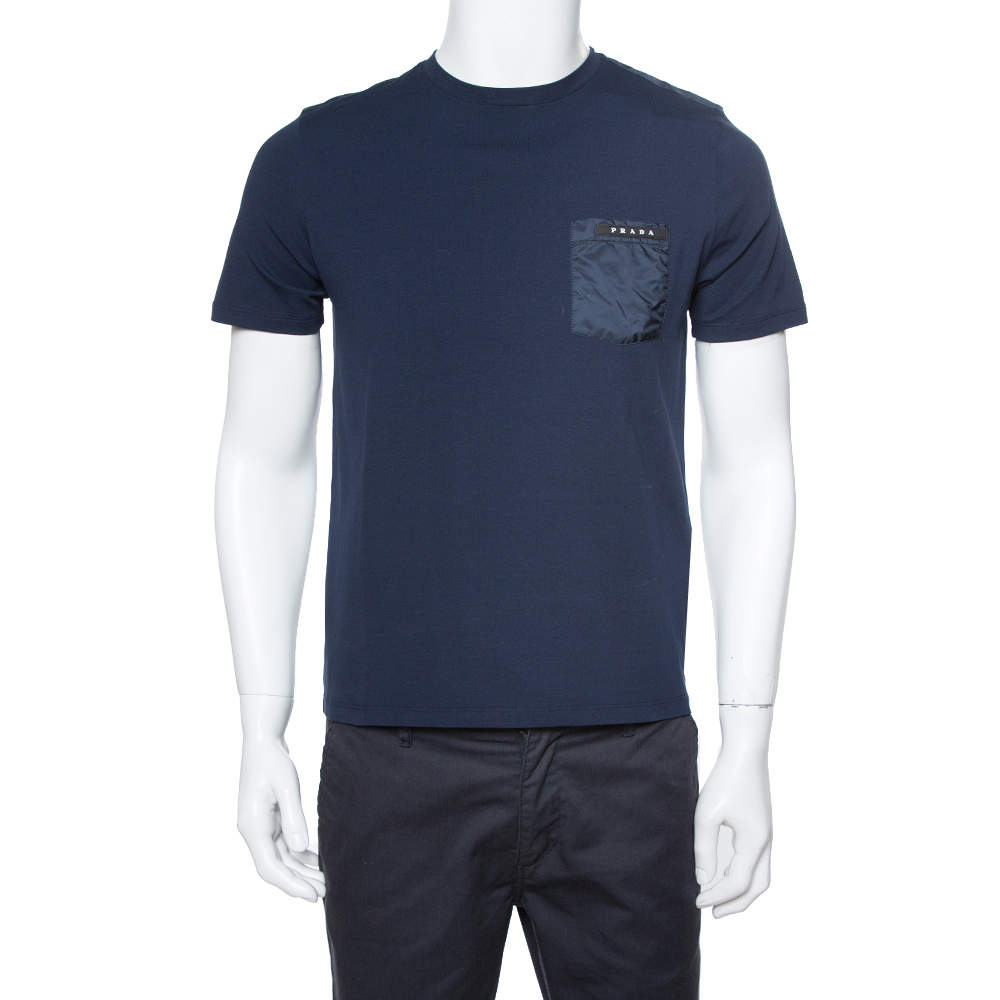 Prada Navy Blue Cotton Logo Pocket Detail Crew Neck T-Shirt M