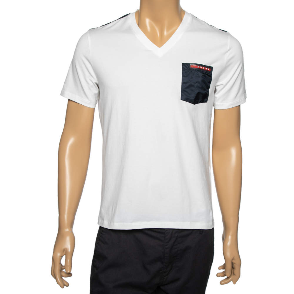 Pre Owned Prada White Stretch Cotton Pocket Detail V-Neck T-Shirt M