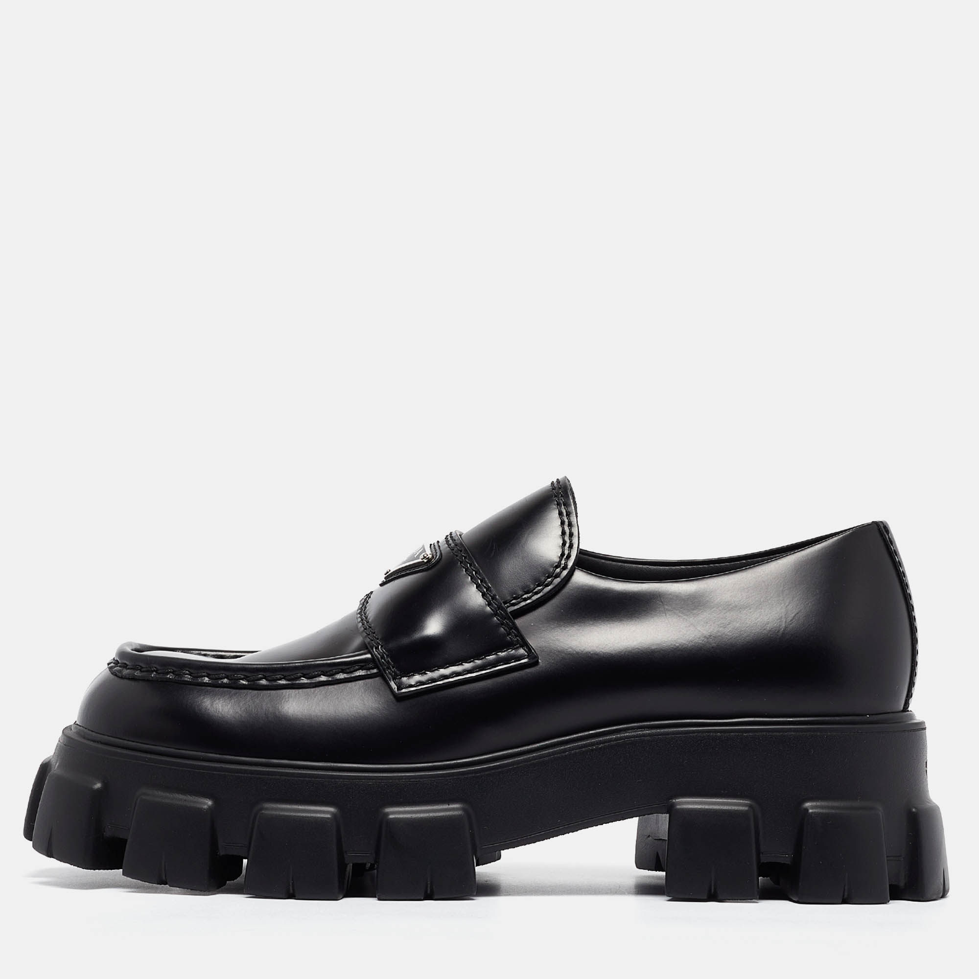 Prada Black Leather Monolith Chunky Loafers Size 43.5