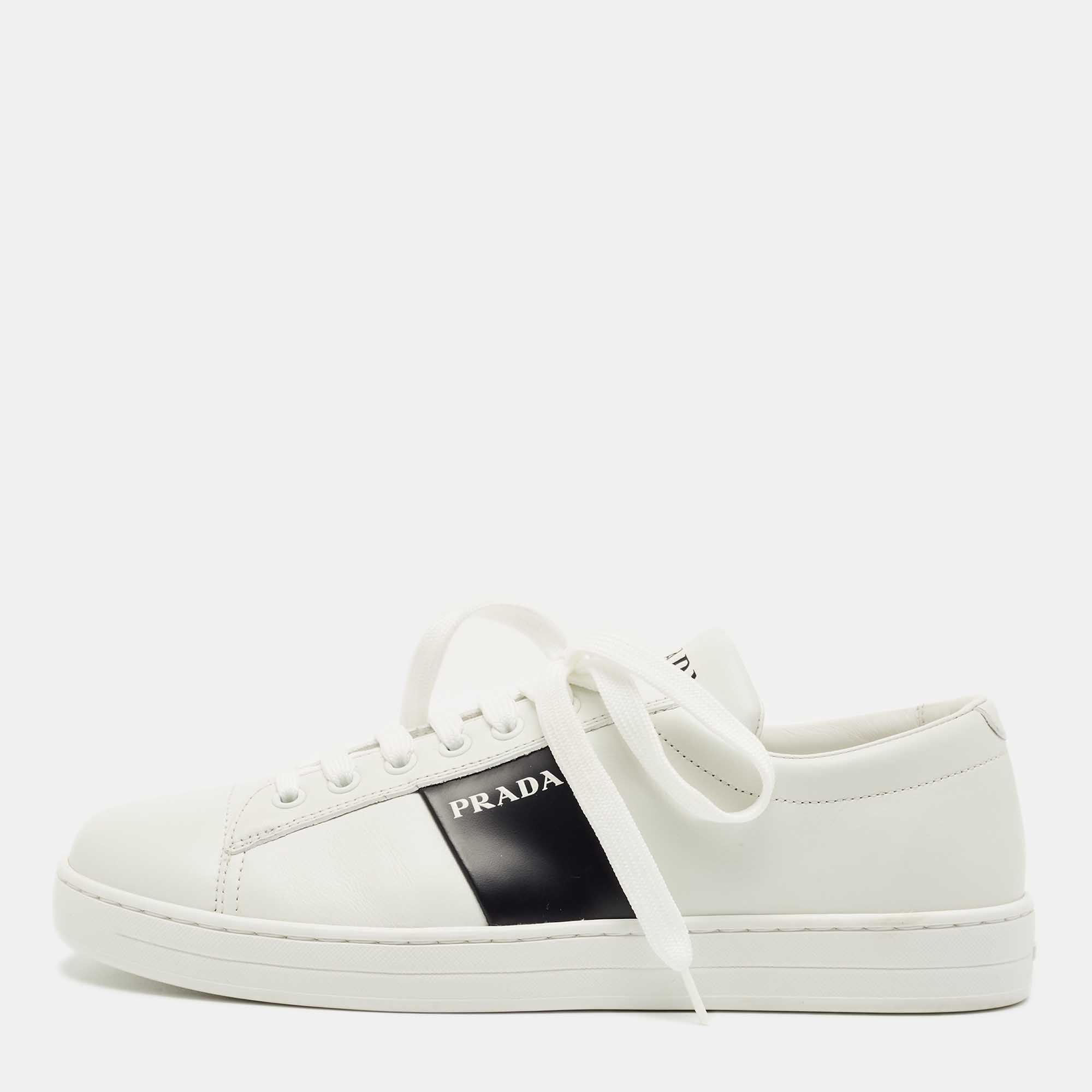 Pre Owned Prada White/Black Leather Low Top Sneakers Size 40