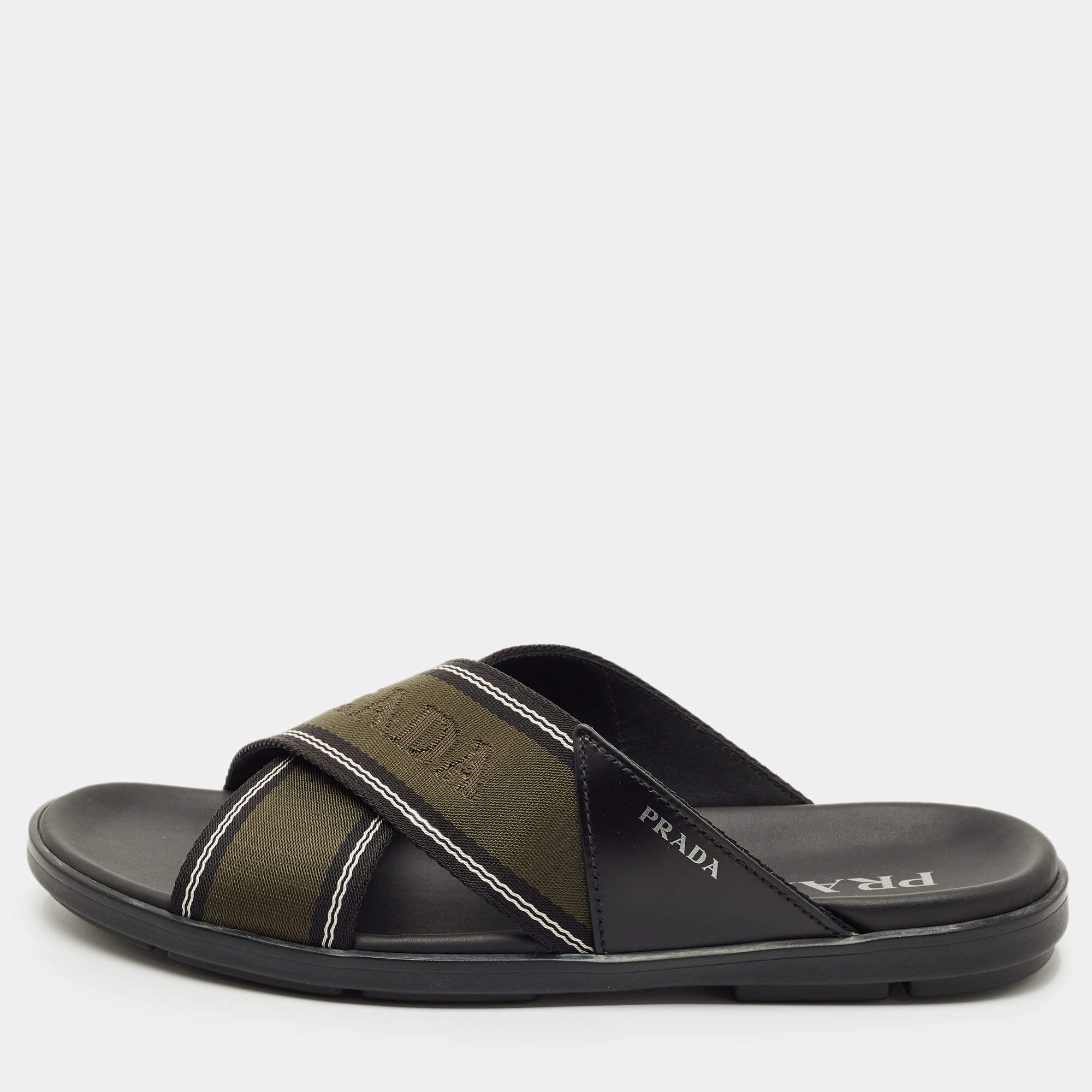 Pre Owned Prada Green /Black Leather and Canvas Logo Tape Crisscross Slide Sandals Size 42