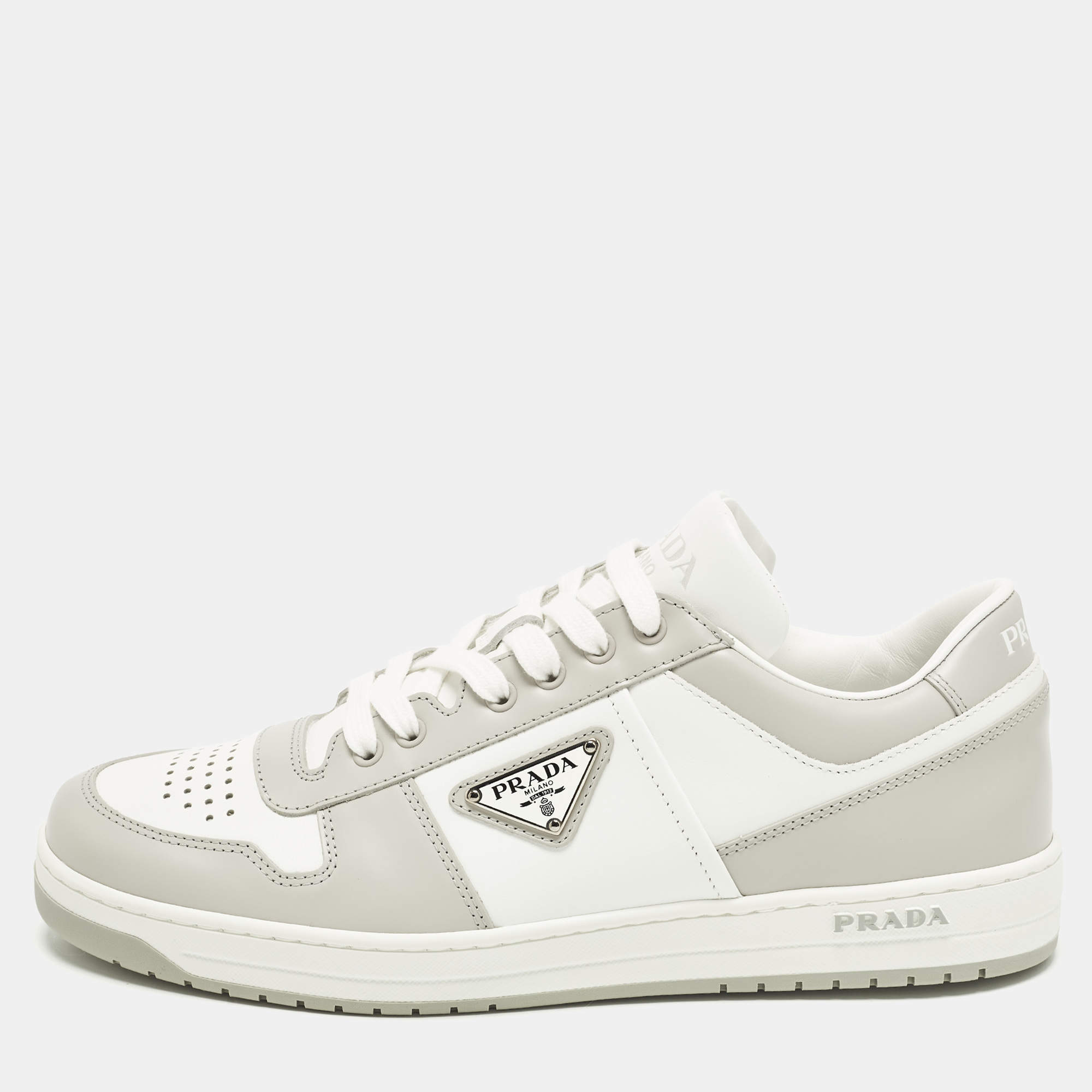 Pre Owned Prada Downtown Size 41.5 White/Grey Leather Low Top Sneakers