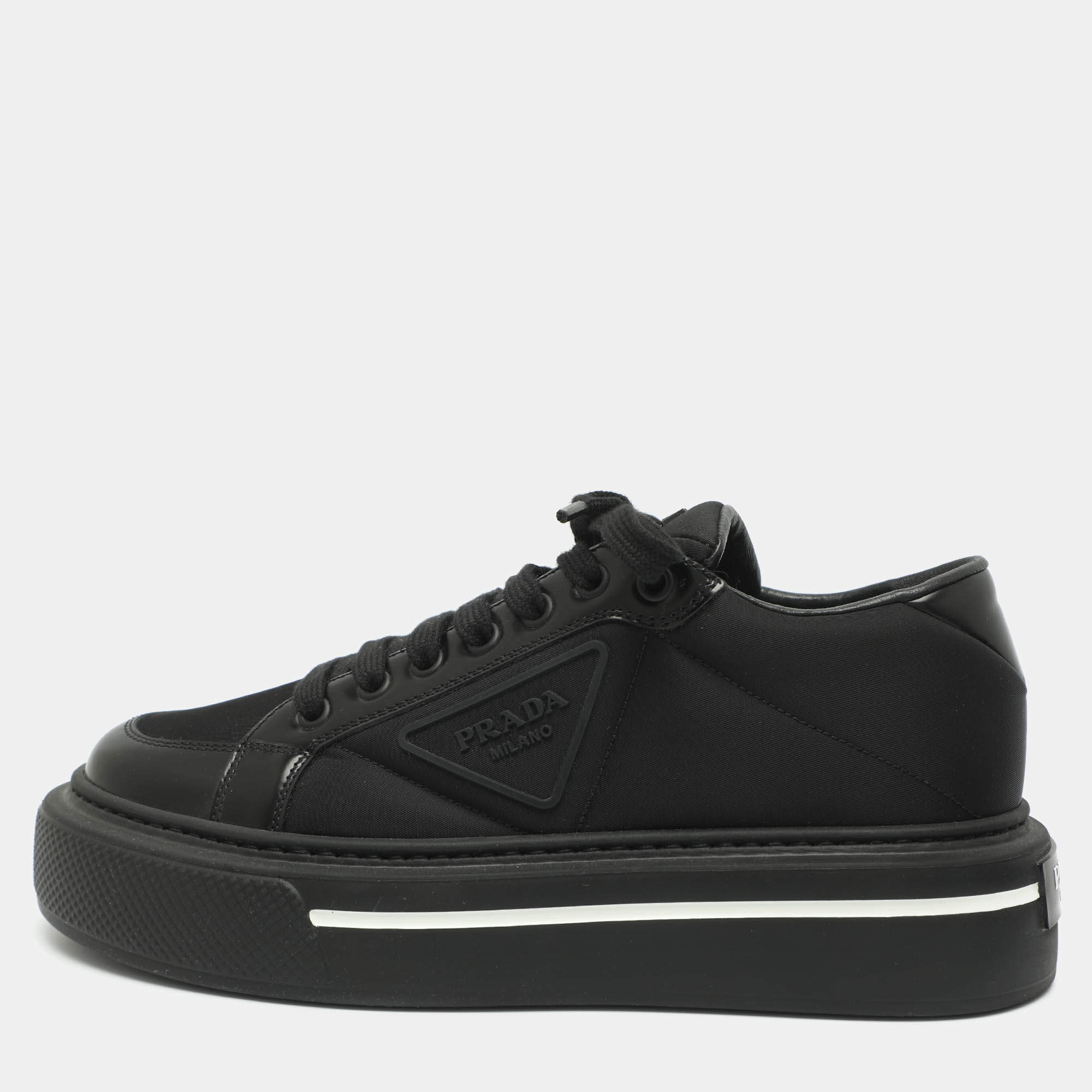 Pre Owned Prada Macro Size 38 Black Brushed Leather and Re-Nylon Low Top Sneakers