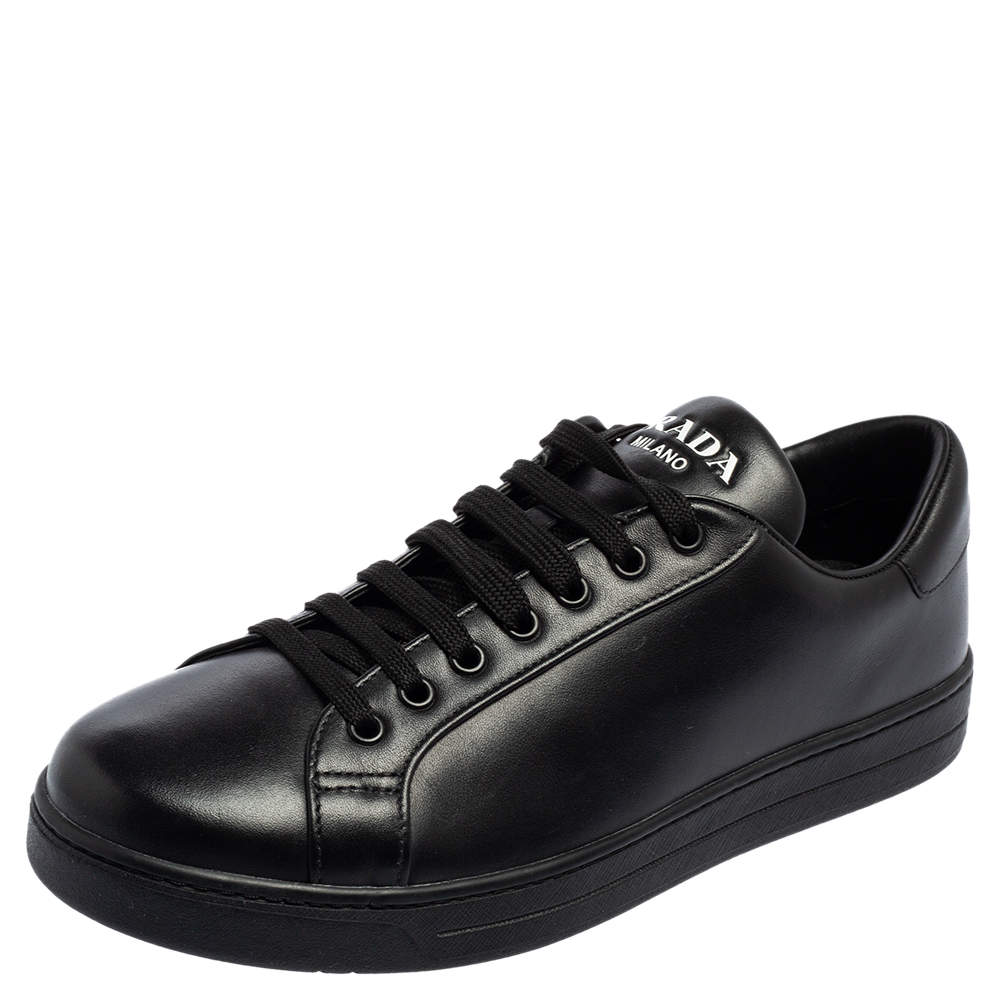 Prada Black Leather Logo Lace Low Top Sneakers Size 42