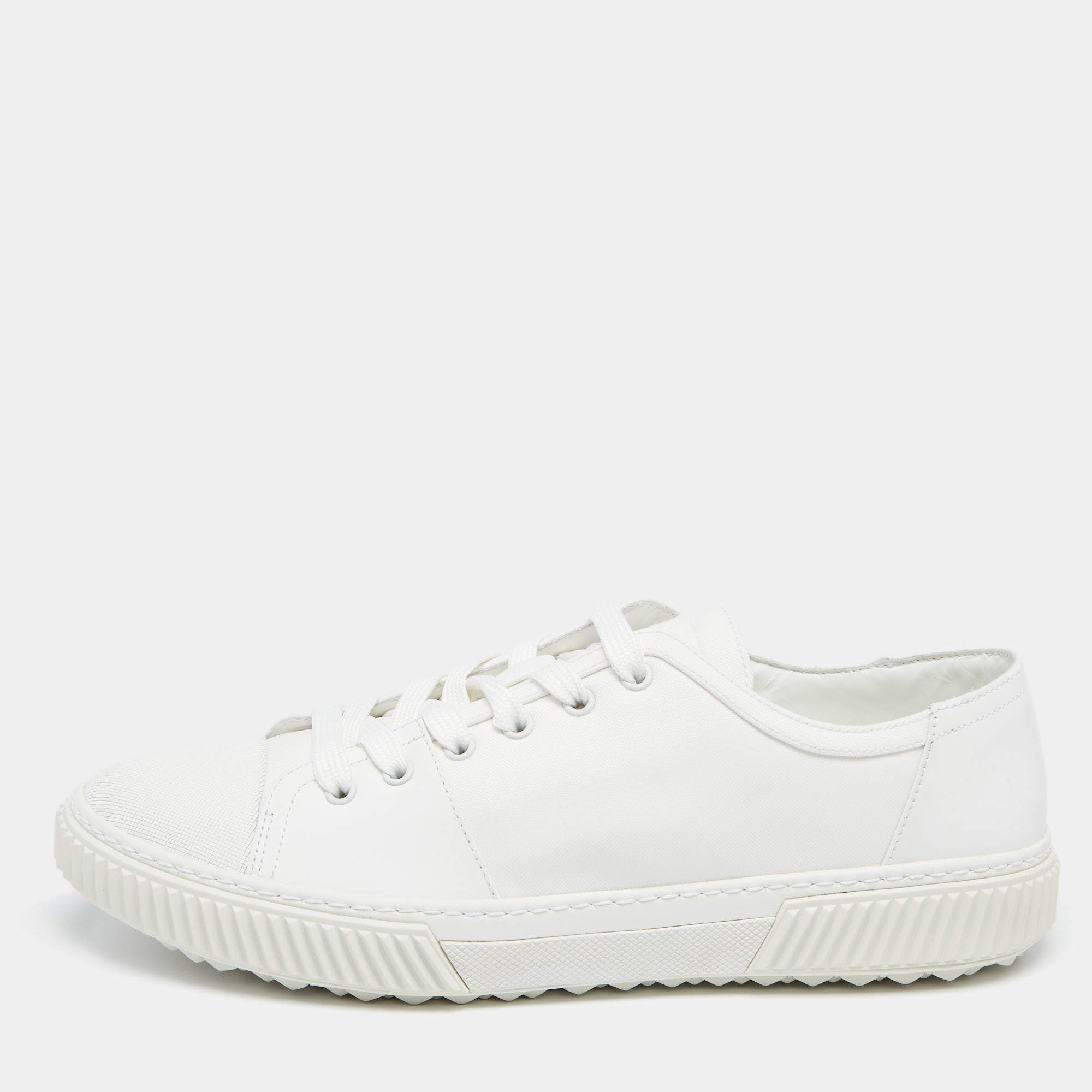  Prada White Leather And Canvas Lace Up sneakers Size 44.5