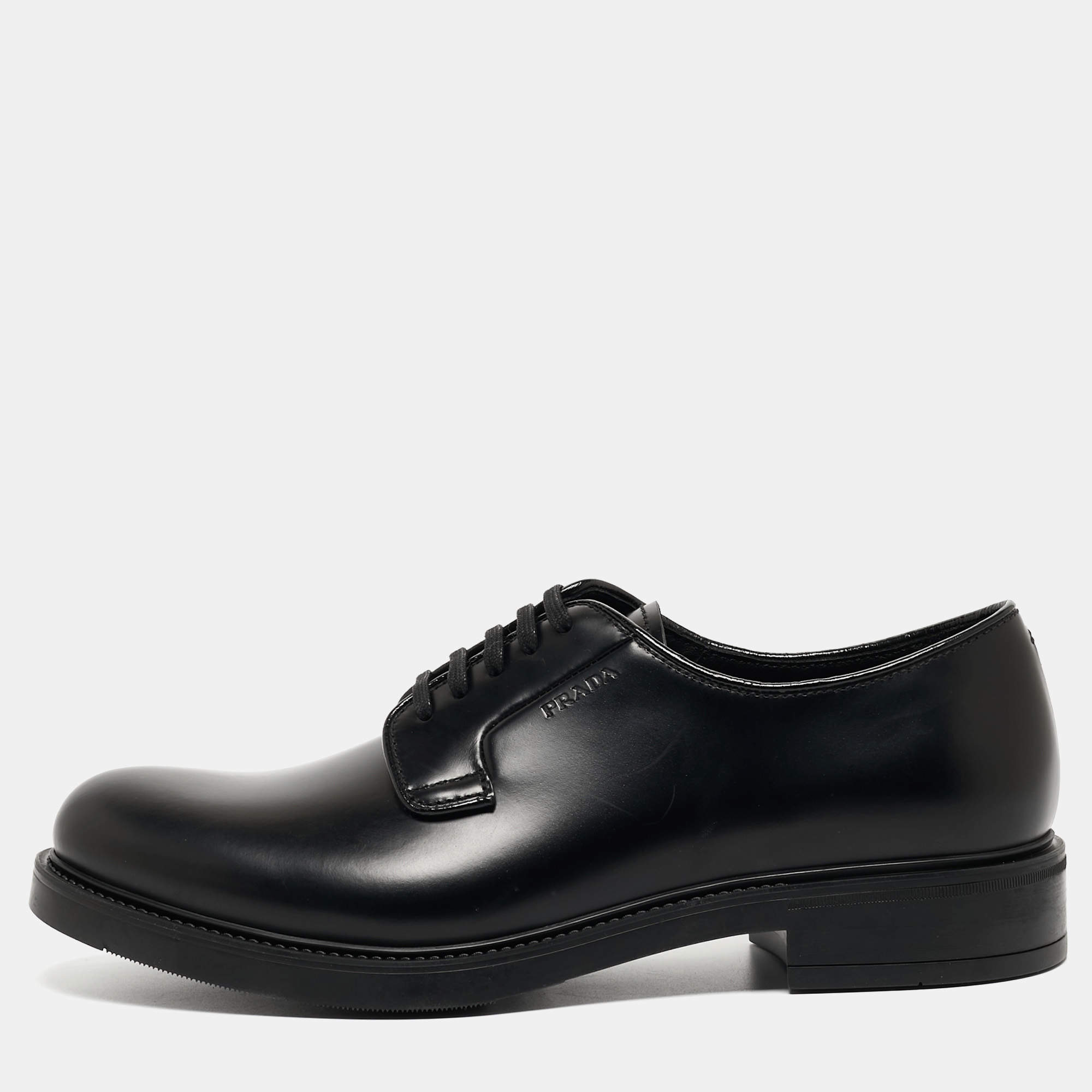 靴 prada lace up derby Prada Lace-Up Derby Black Brushed Leather Men's
