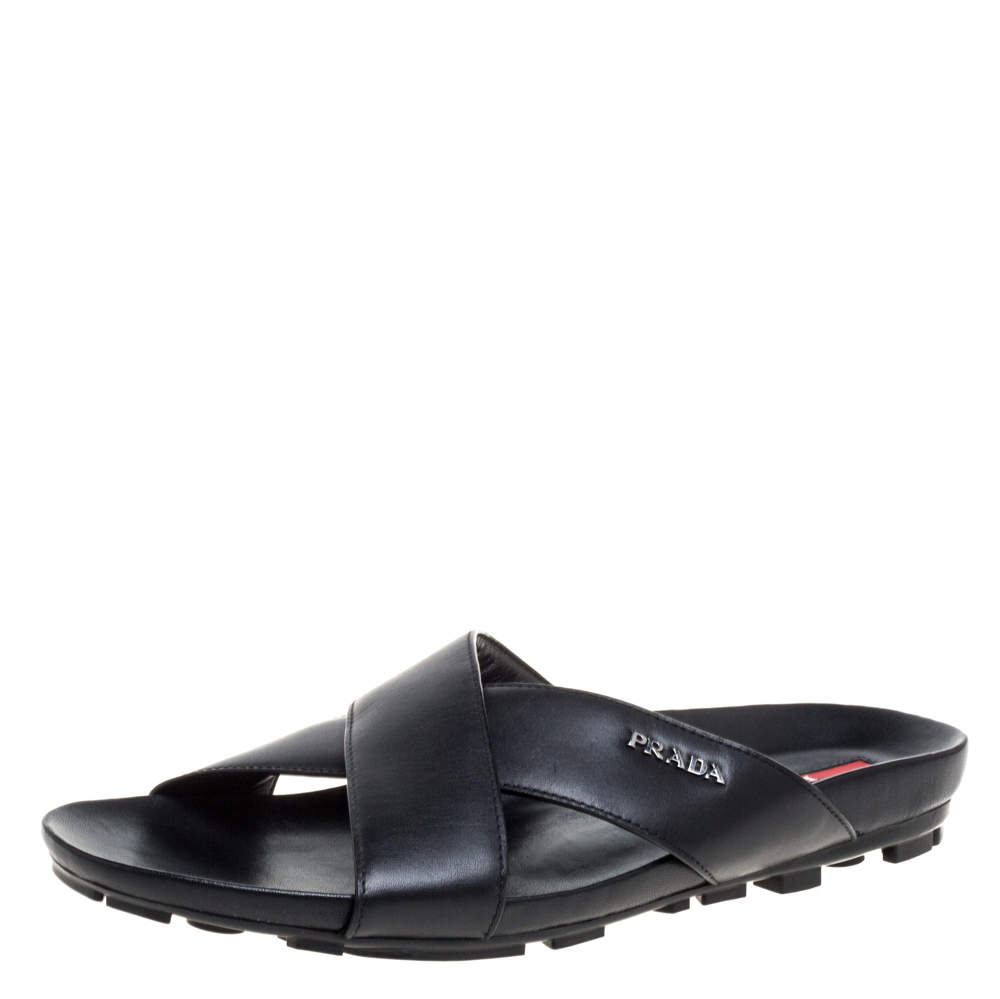 Pre Owned Prada Sport Black Leather Cross Strap Flat Sandals Size 42