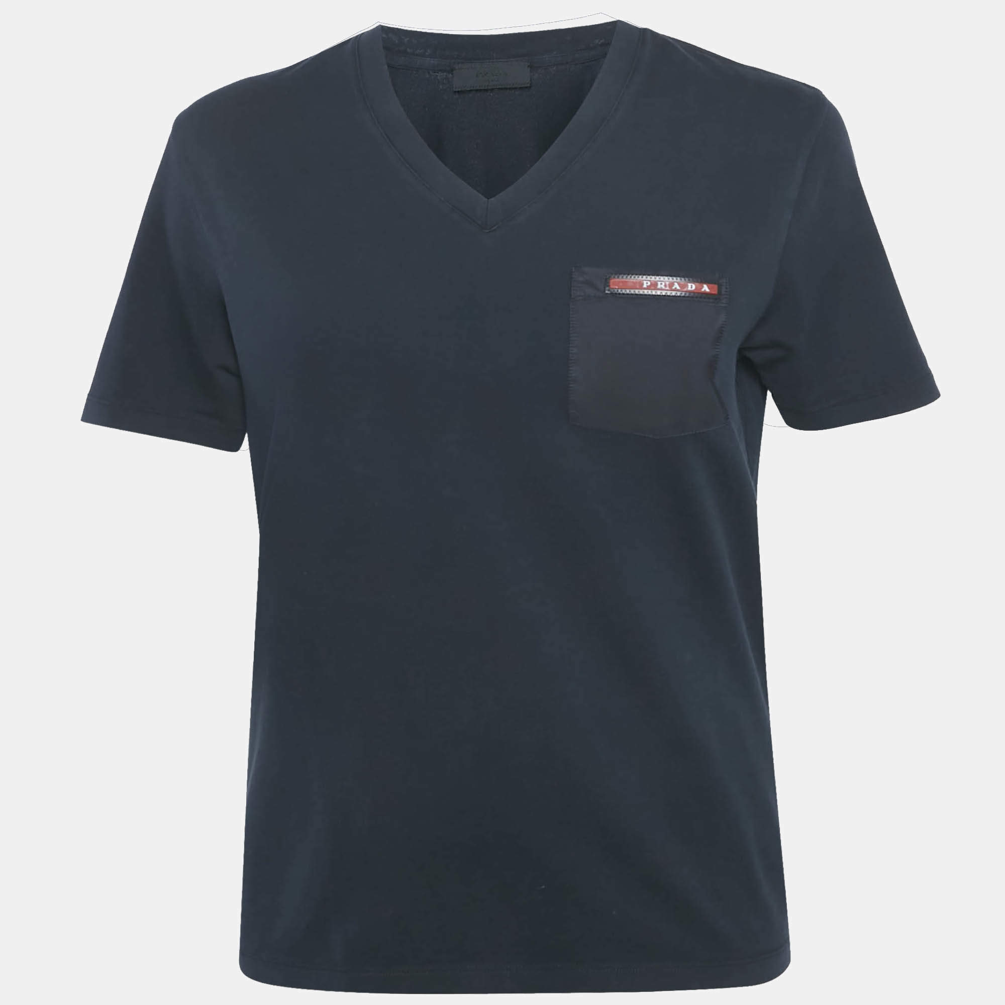 Prada Sports Midnight Blue/Black Cotton Rubber Logo Nylon Pocket V-Neck T-Shirt S