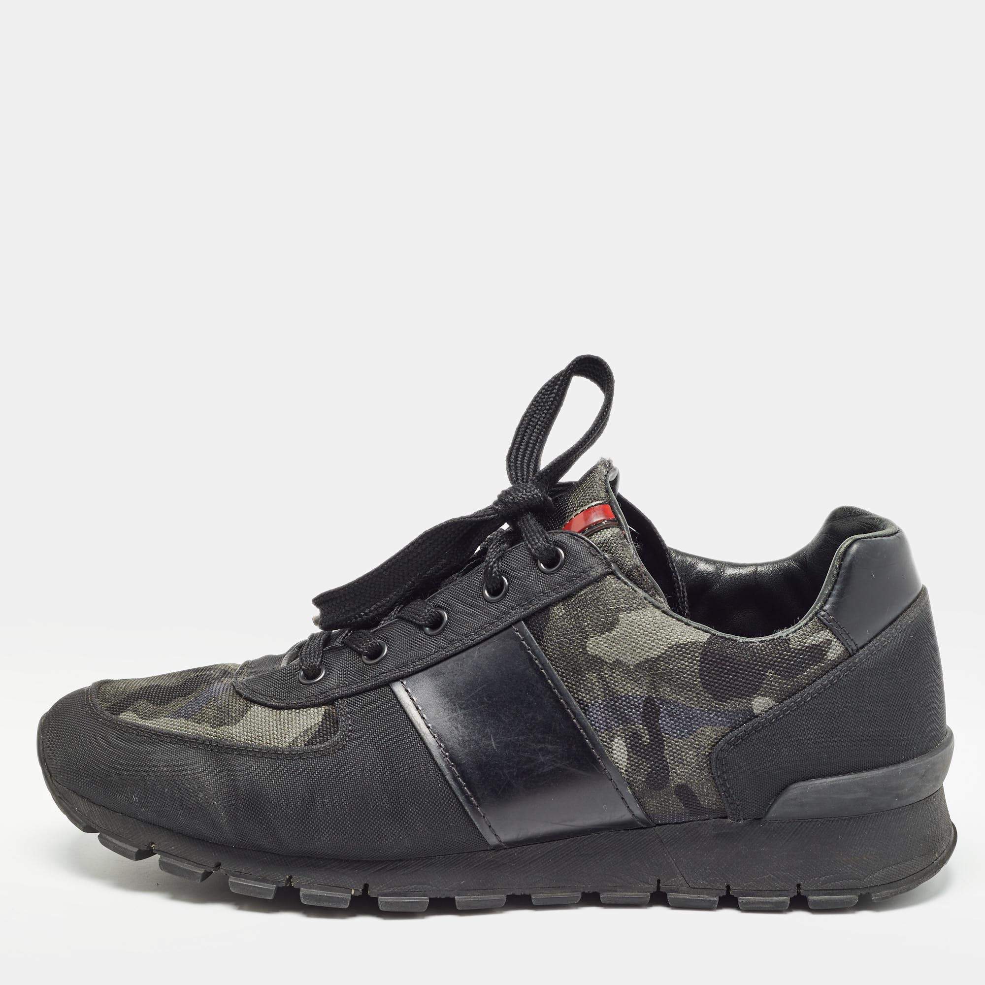 Prada Sport Black/Green Leather and Camouflage Print Nylon Low Top Sneakers Size 43.5 