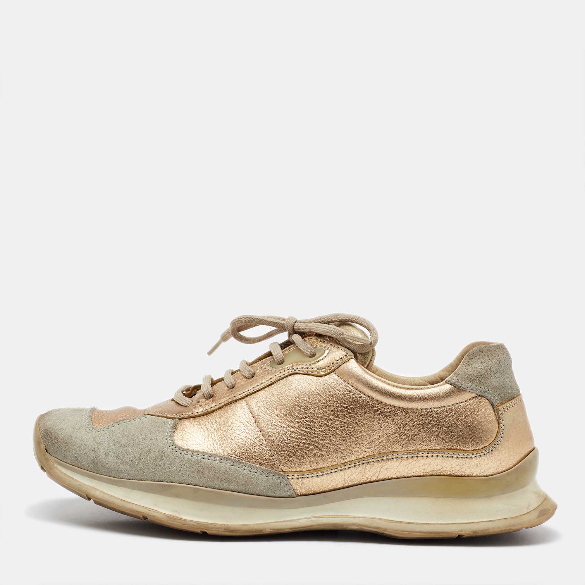 Prada Sport Beige/Gold Leather and Suede America's Cup Low Top Sneakers Size 39.5