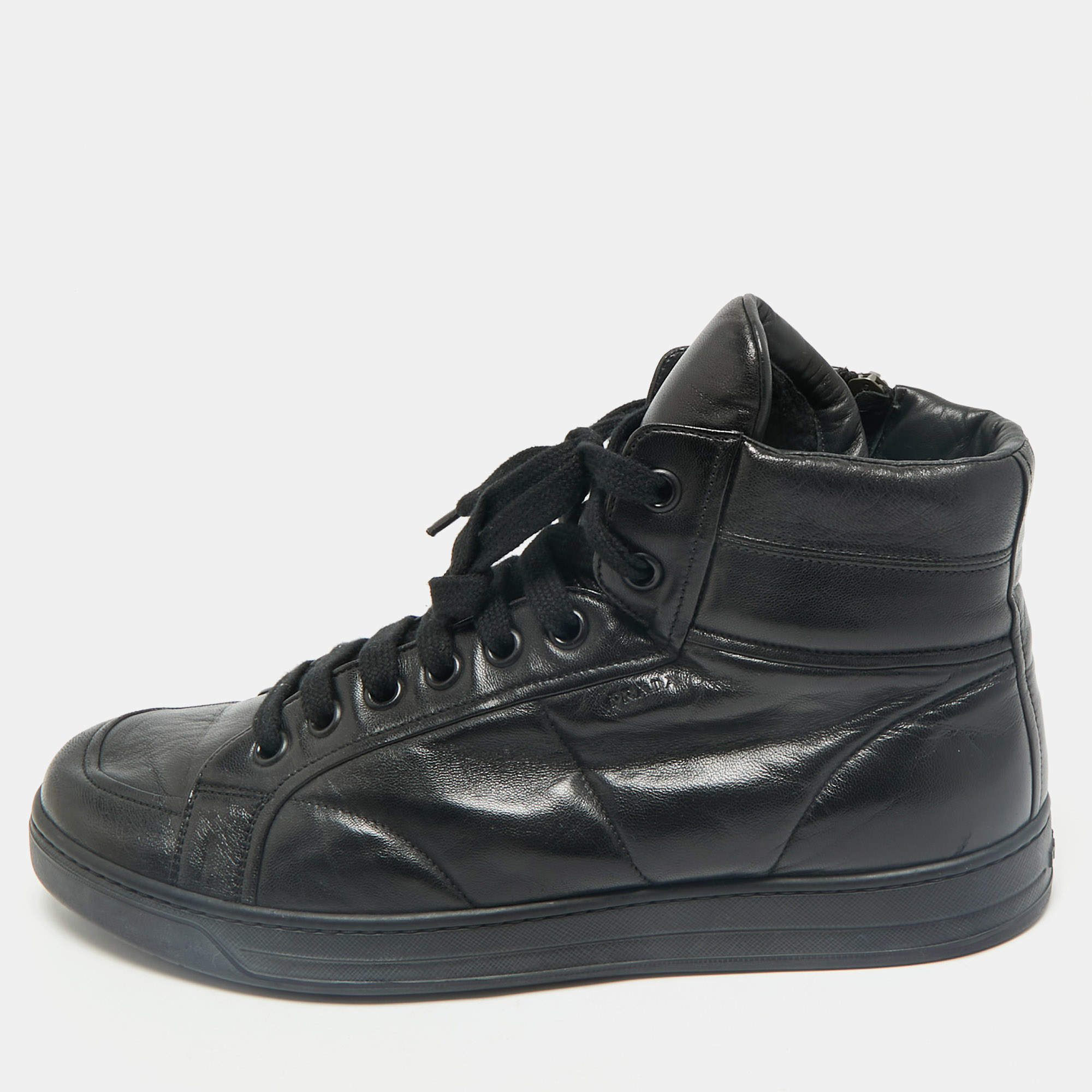 Prada Sport Black Leather High Top Sneakers Size 43