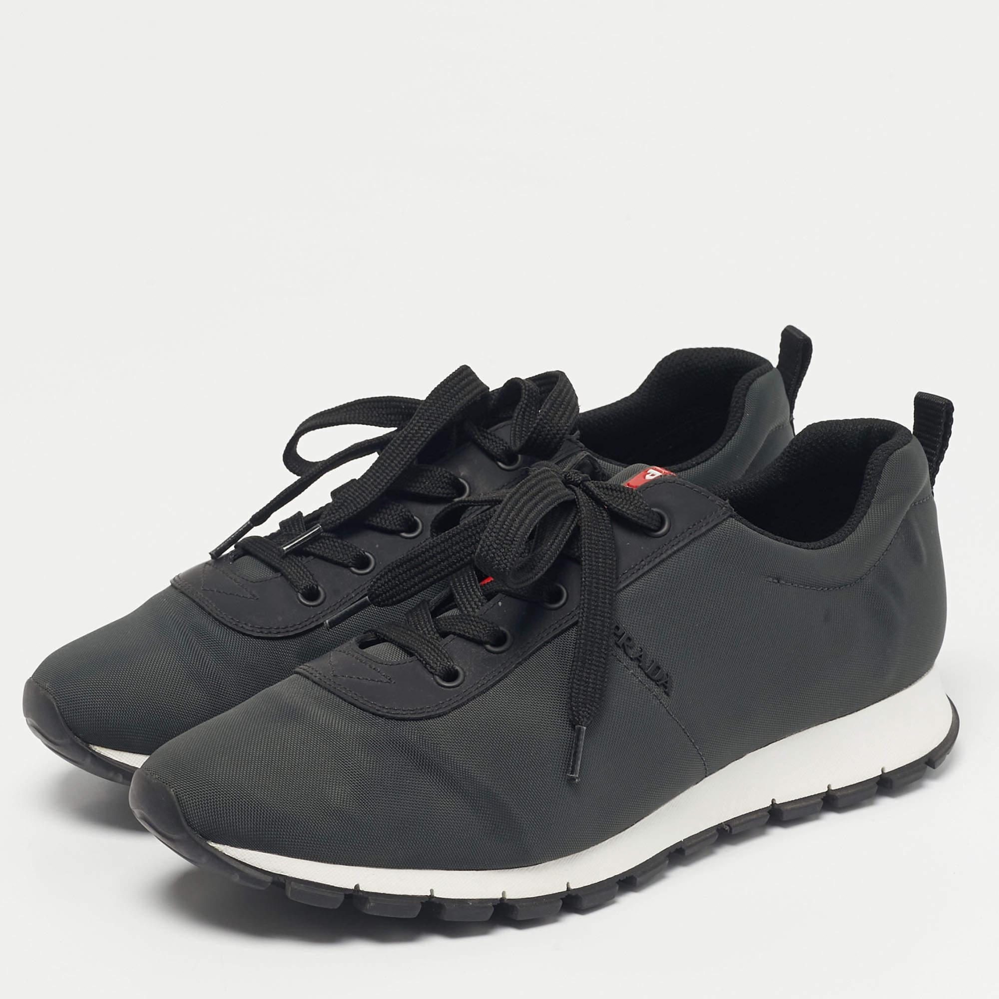 Prada Sport Black Leather And Nylon Low Top Sneakers Size
