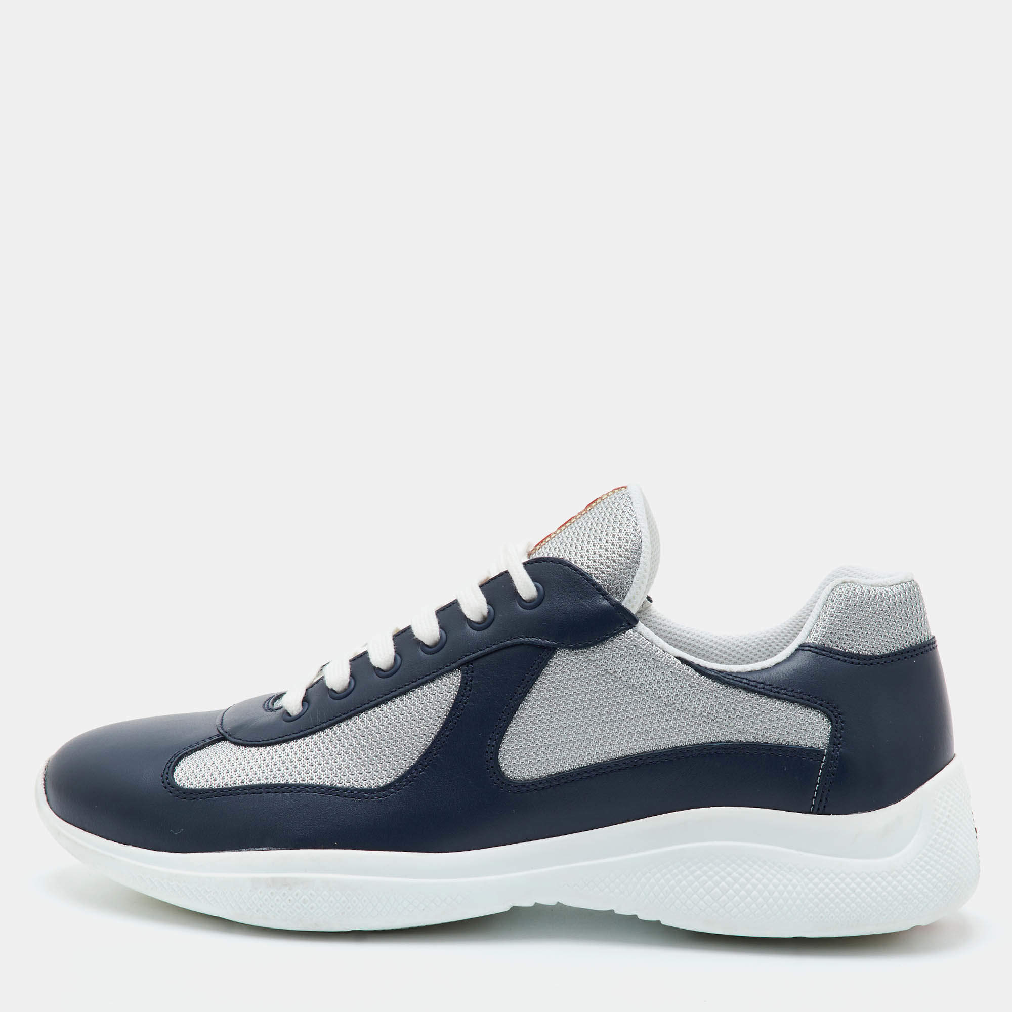 Pre Owned Prada Sport America's Cup Size 45 Navy Blue/Silver Leather and Mesh Low Top Sneakers