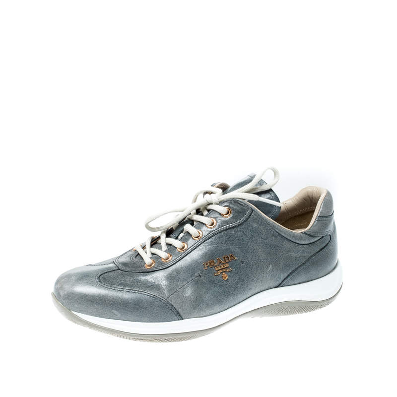 Prada Sport Blue/Grey Leather Lace Up Sneakers Size 38