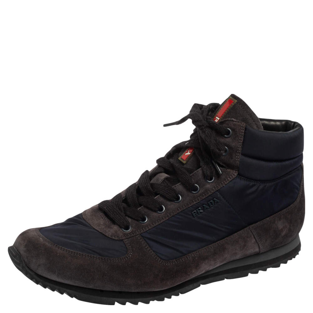 Pre Owned Prada Sport Grey/Blue Nylon and Suede High Top Sneakers Size 45