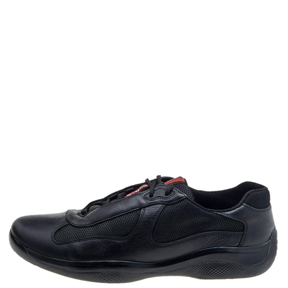 Prada Sport Black Leather And Knit Fabric Low Top Sneakers Size