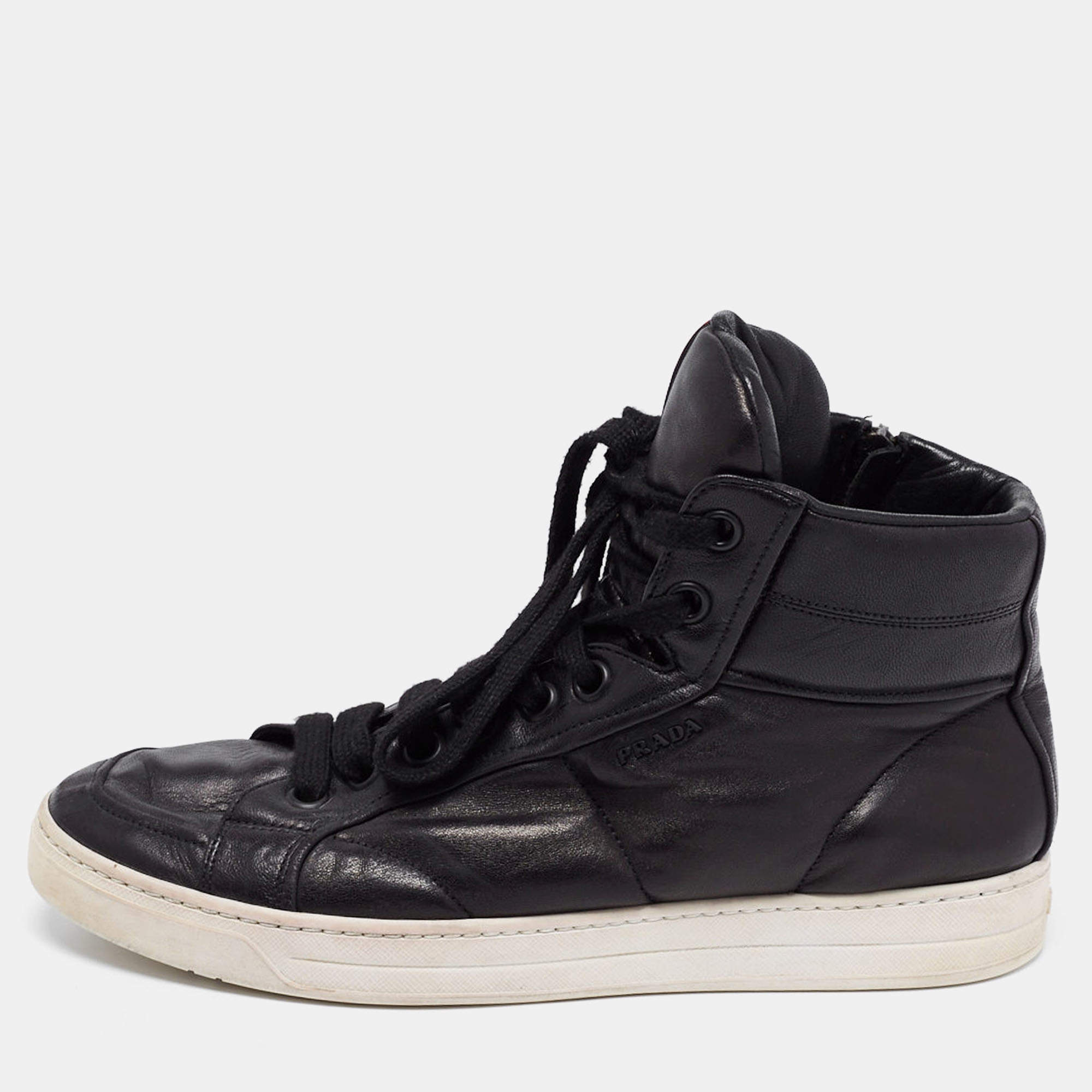 Pre Owned Prada Sport Black Leather High Top Sneakers Size 39