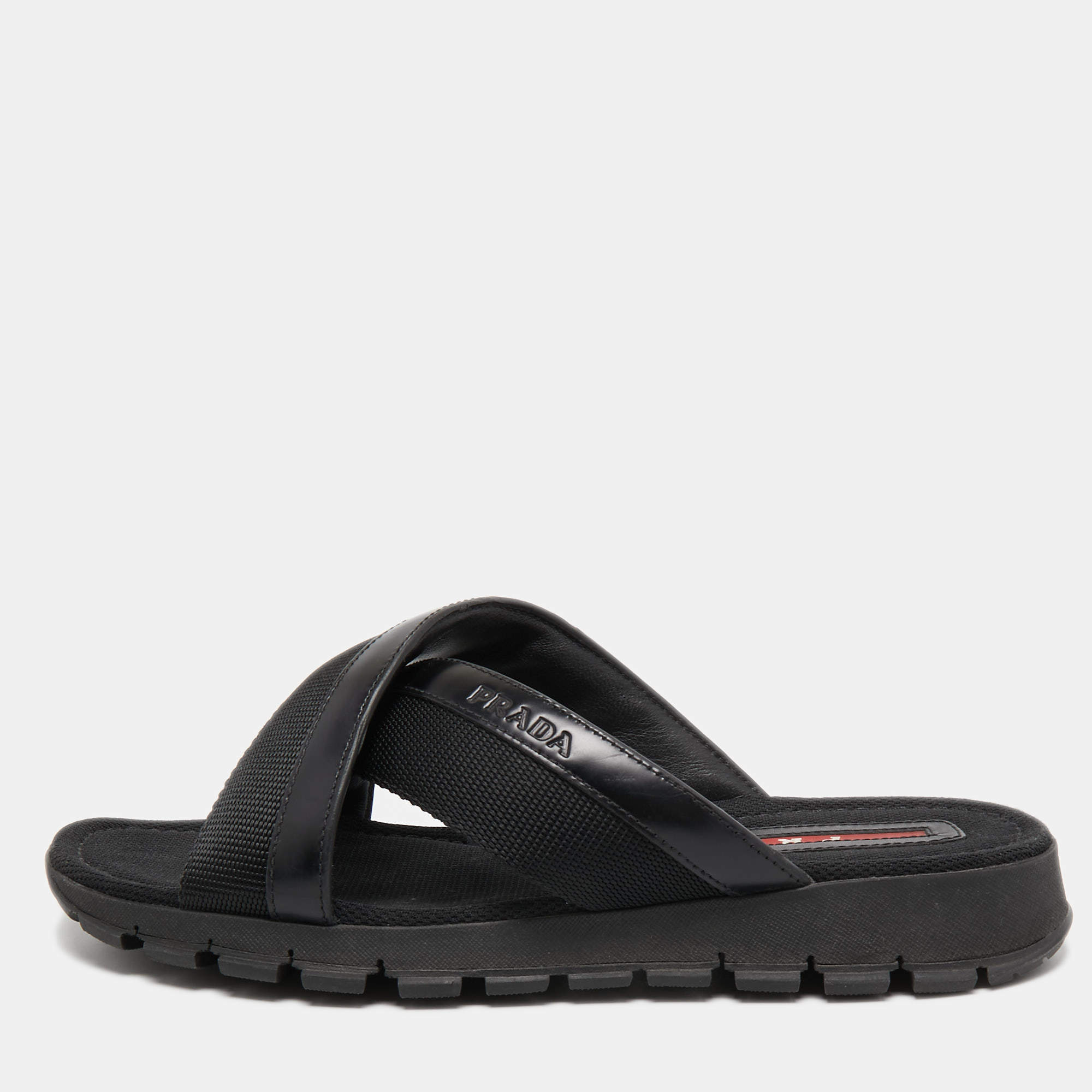 Prada Sport Black Leather and Canvas Crisscross Slides Size 41.5 
