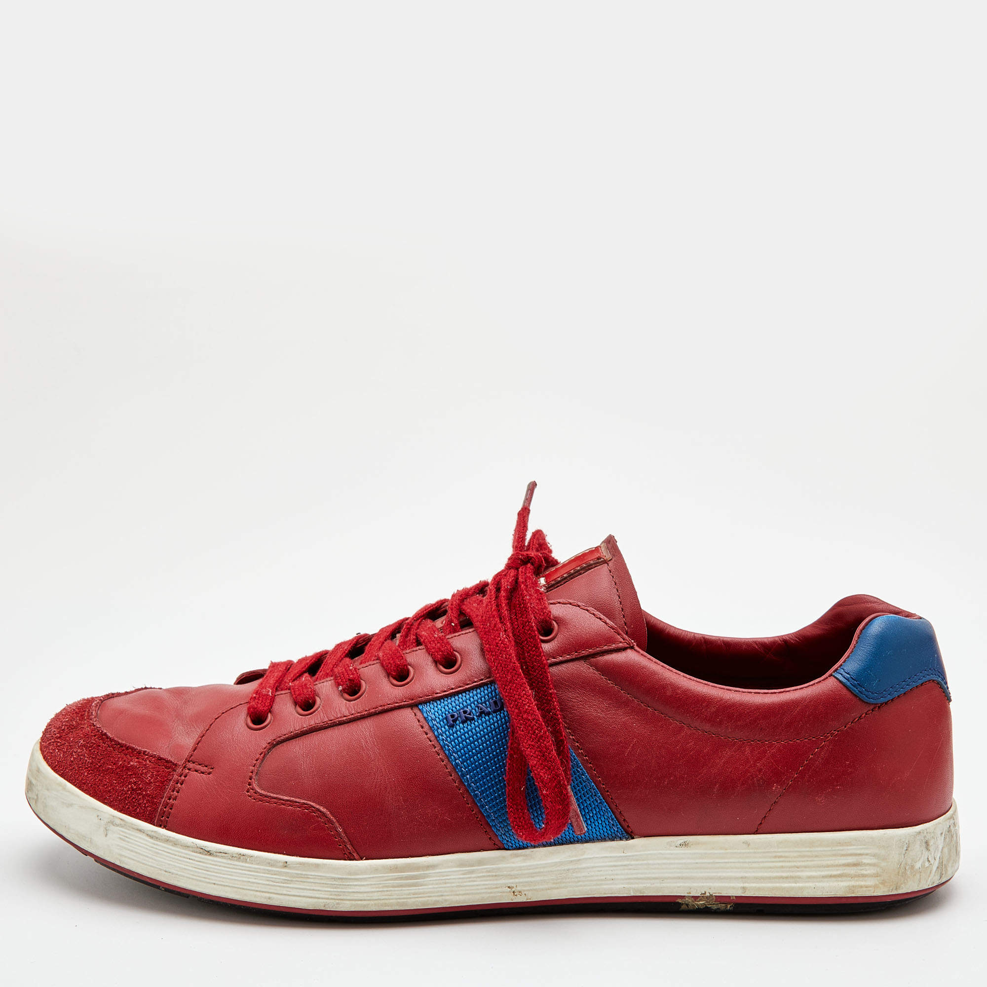 Pre Owned Prada Sport Red/Blue Leather and Suede Low Top Sneakers Size 44