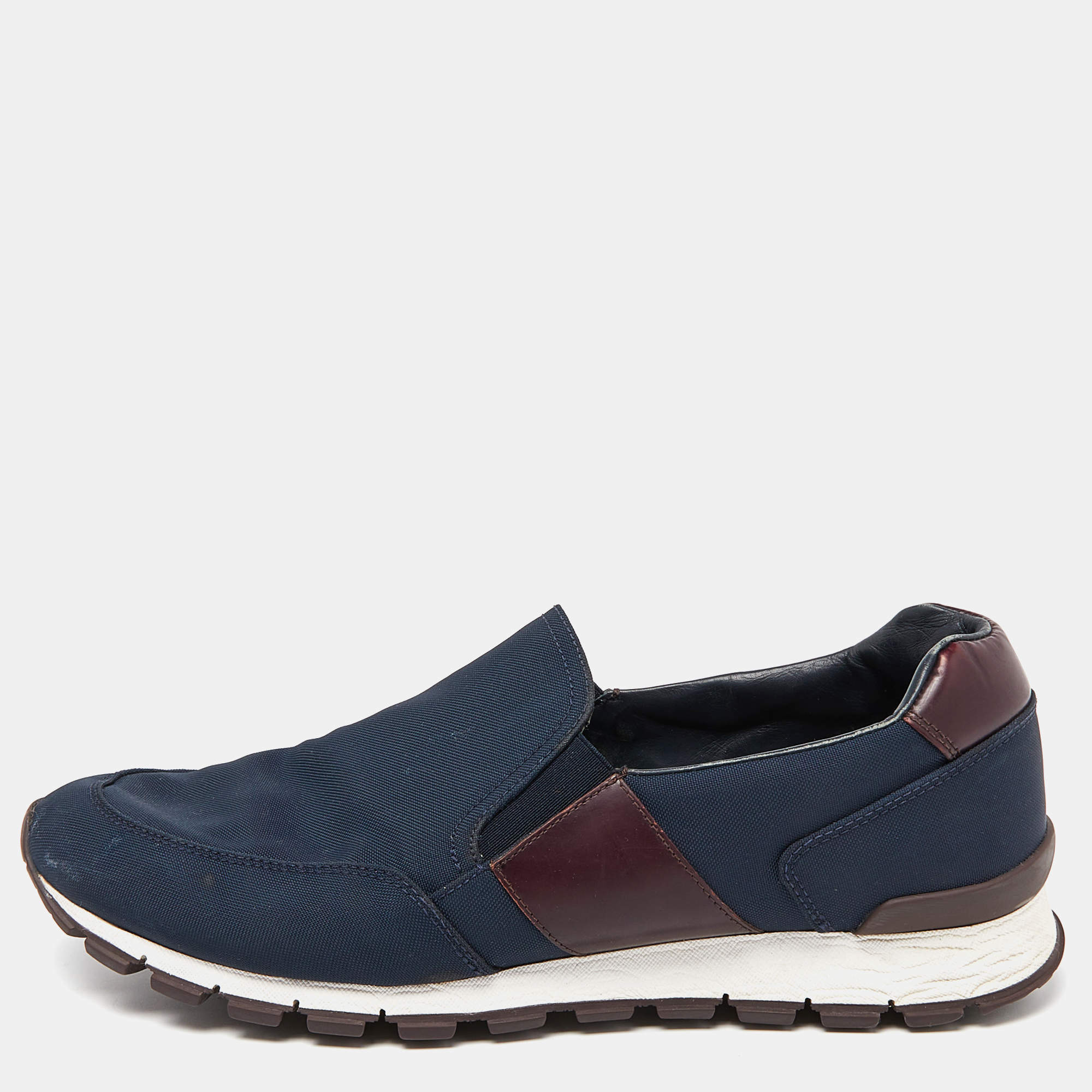 Pre Owned Prada Sport Navy Blue/Brown Nylon and Leather Slip On Sneakers Size 44