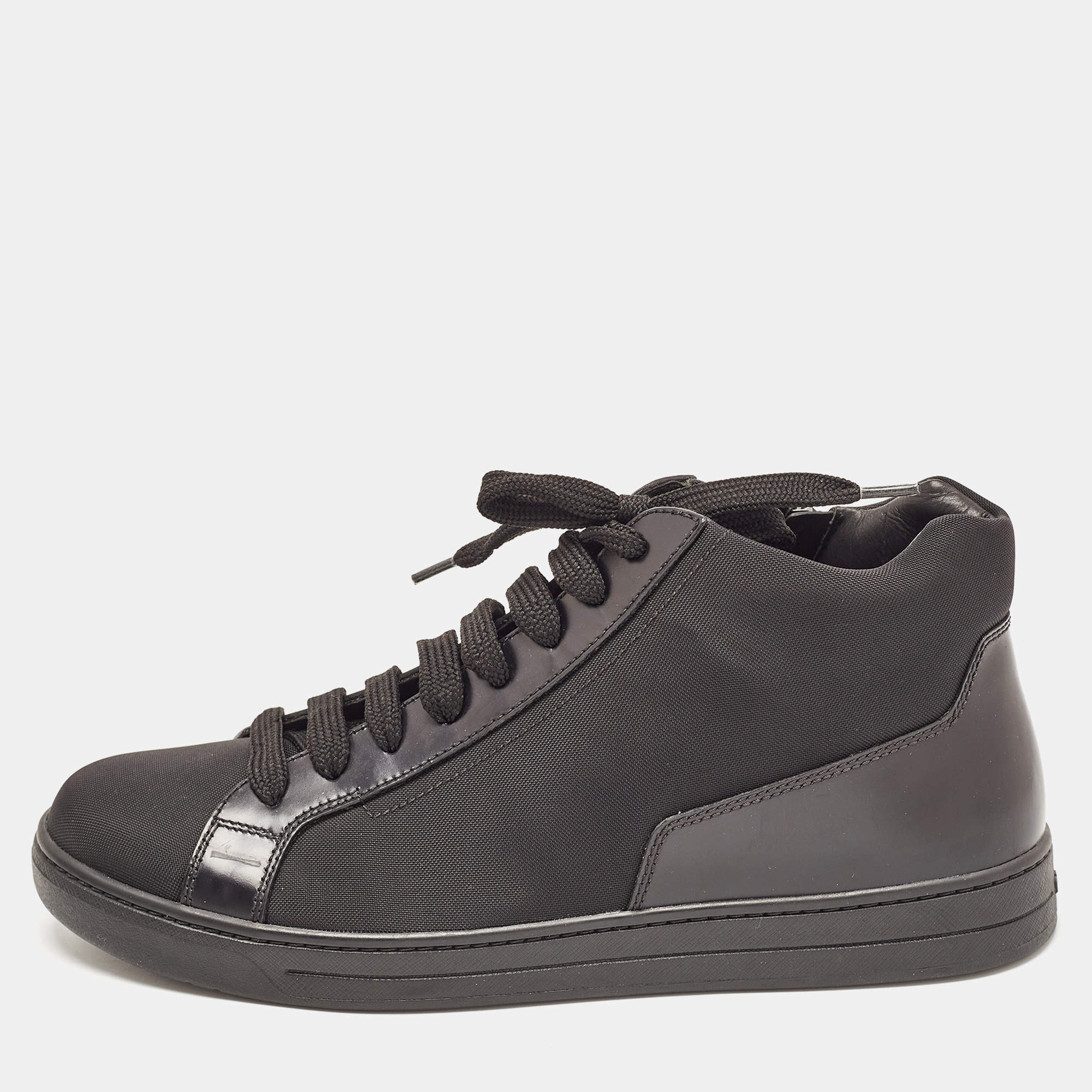Prada Sport Black Nylon and Leather Mid Top Sneakers Size 43