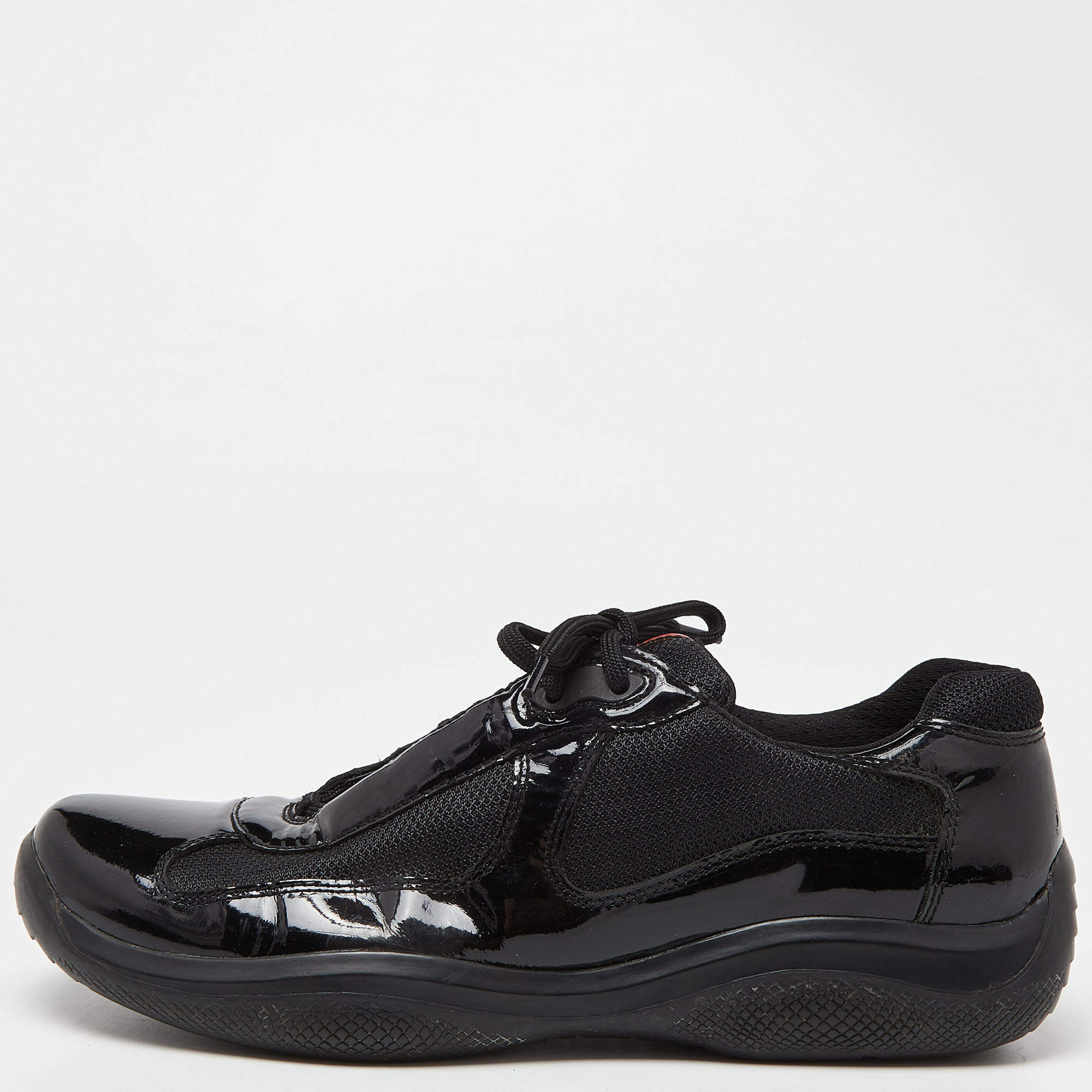 Prada Sport Black Mesh and Patent Leather Lace Up Low Top Sneakers Size 42
