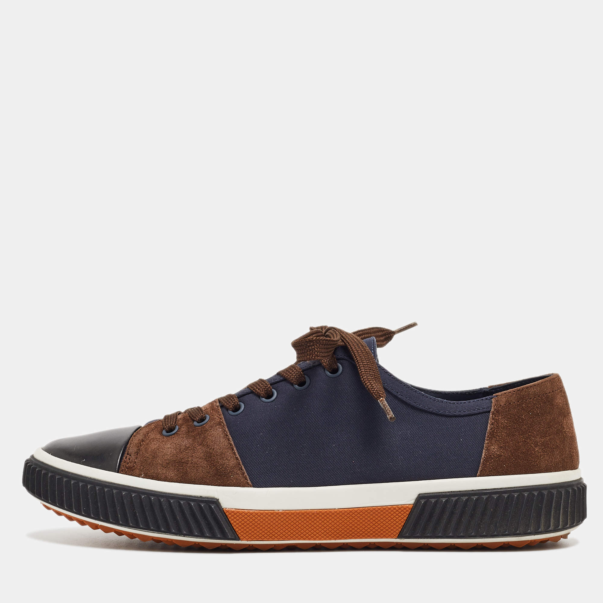 Prada Sport Navy Blue/Brown Canvas and Suede Low Top Sneakers Size 43