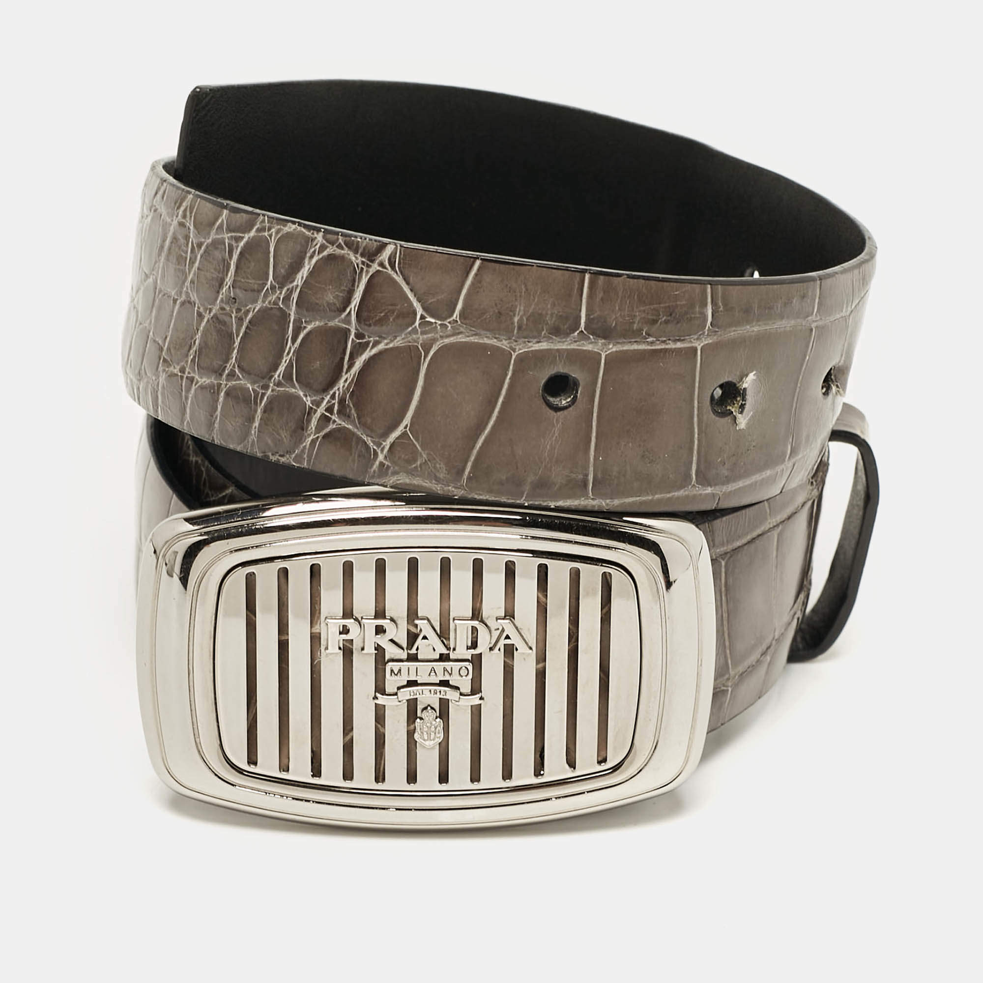 Prada Grey Crocodile Logo Plague Oval Belt  