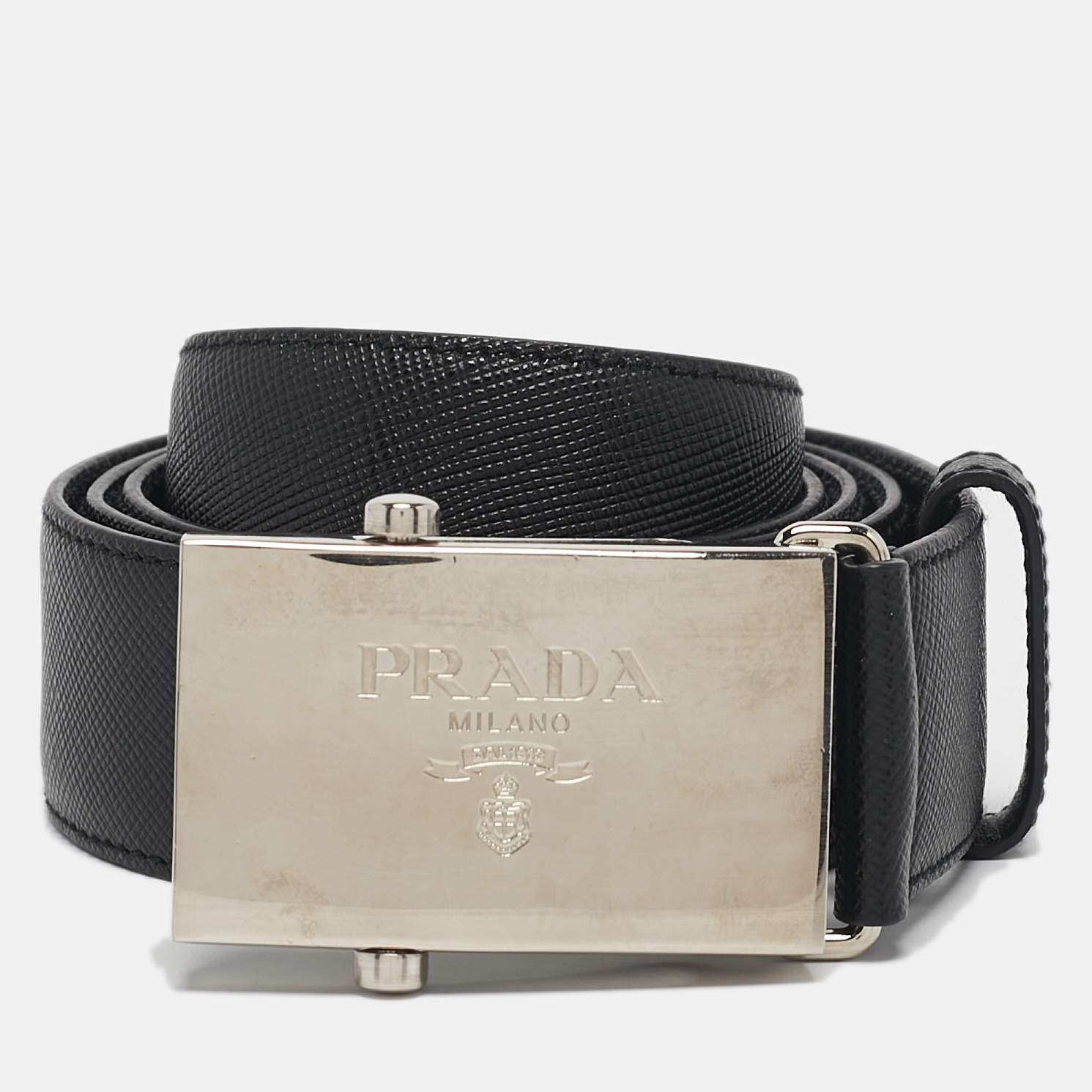 Prada Black Leather Logo Plague Buckle Belt 95CM