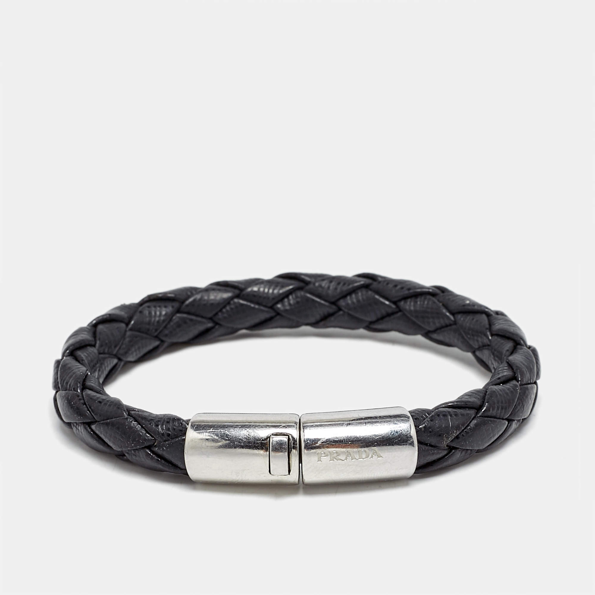 Prada Braided Leather Silver Tone Bracelet