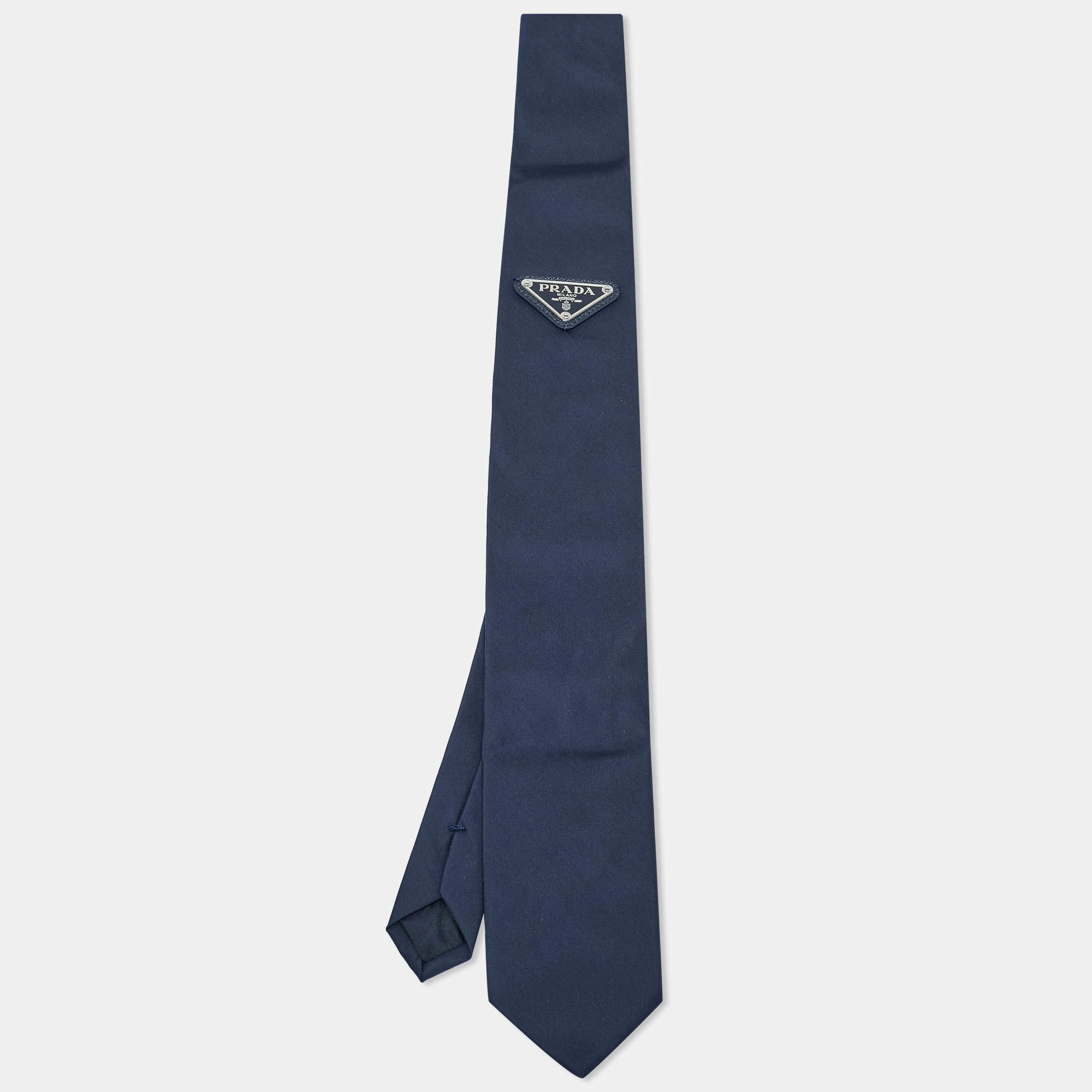 Pre Owned Prada Navy Blue Logo Re-Nylon Gabardine Slim Tie 
