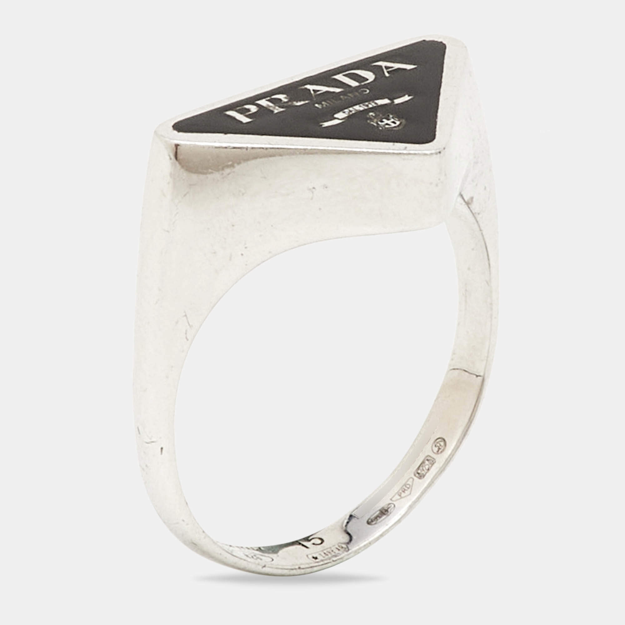 Pre Owned Prada Symbole Enamel Sterling Silver Ring Size 55 
